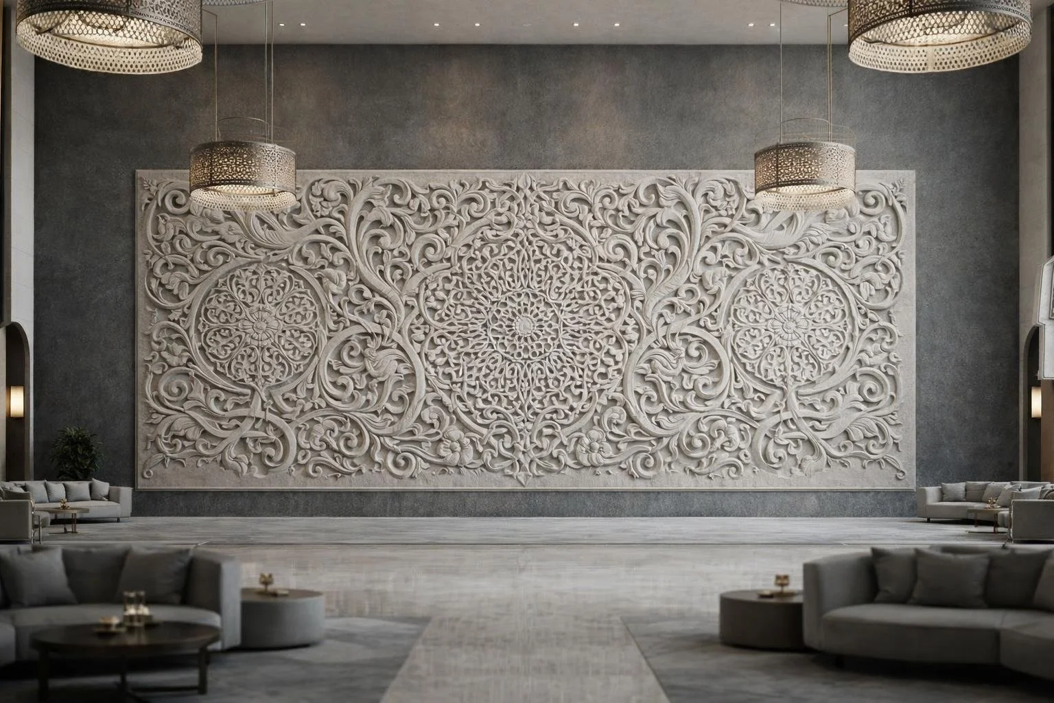 Magnificent horizontal Arabesque Wall Sculpture in authentic Kulen Sandstone for luxury architectural projects in the middle eastern region. Solaro Art Collection