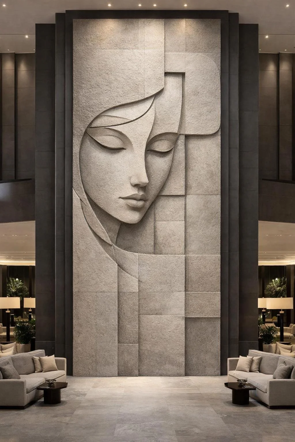 Monumental custom made modern and abstact sandstone wall sculpture. Unique piece by Solaro Art Collection