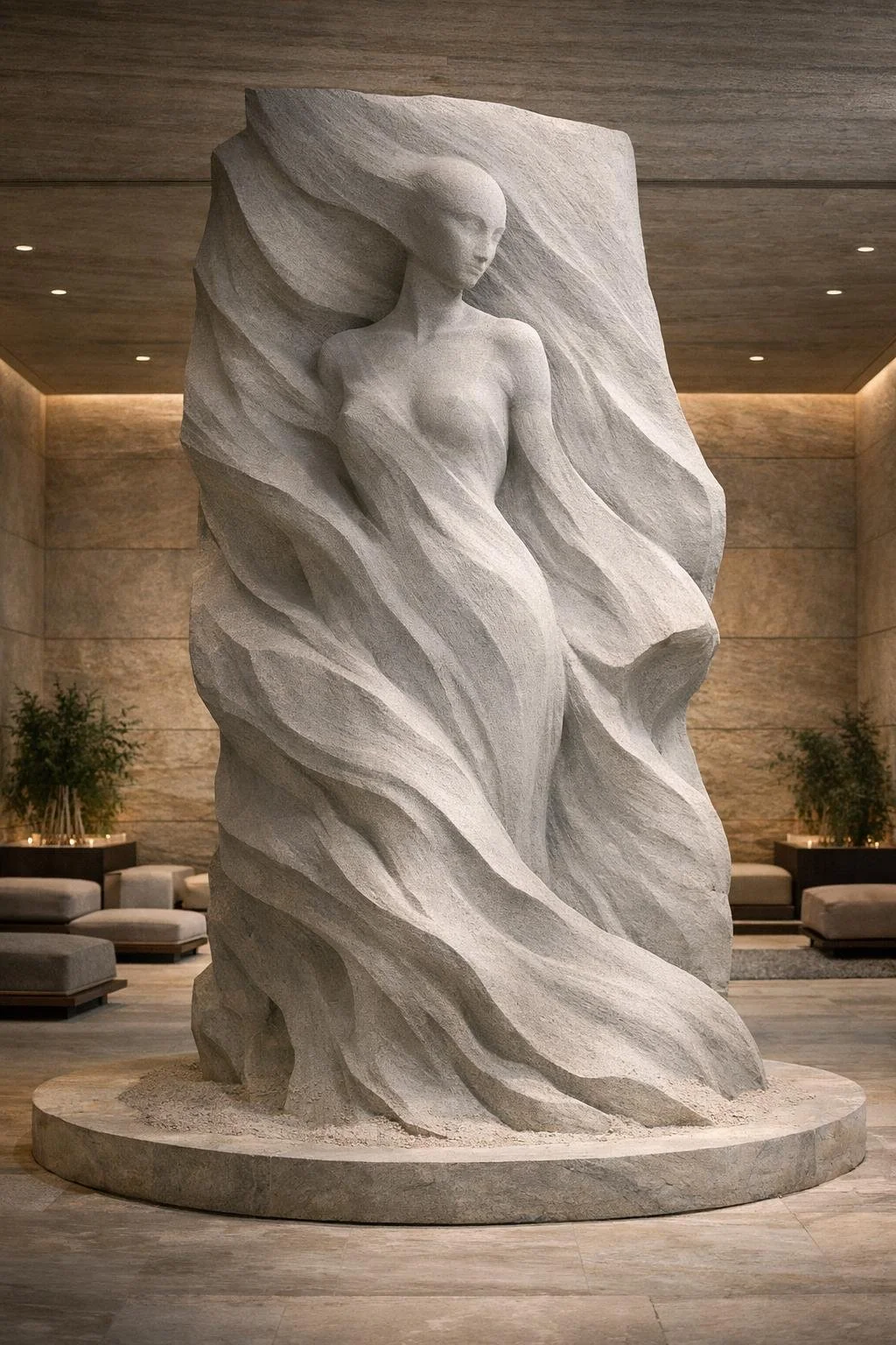 Abstract statue, approximately 4.5 meters high, where stone forms unfold like flowing veils around a feminine silhouette. A fully abstract composition expressing movement, softness, and mineral strength through layered sculptural volumes. By Solaro