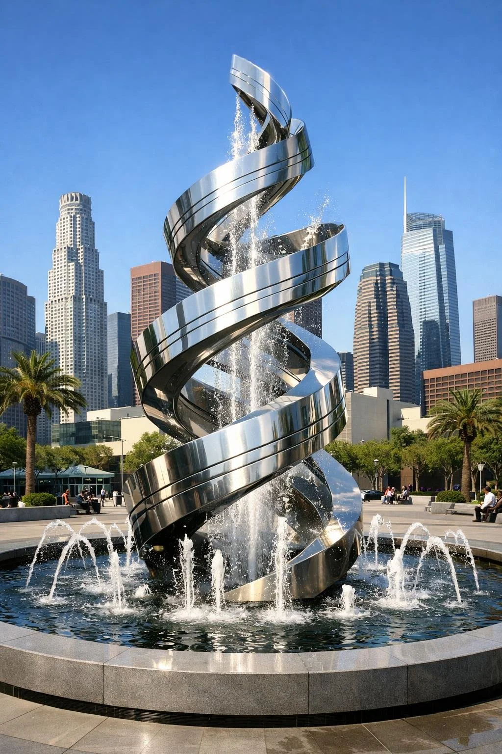 A modern metallic sculpture resembling a double helix DNA strand with water flowing over and around it, set in an urban park with palm trees, benches, and tall skyscrapers in the background.