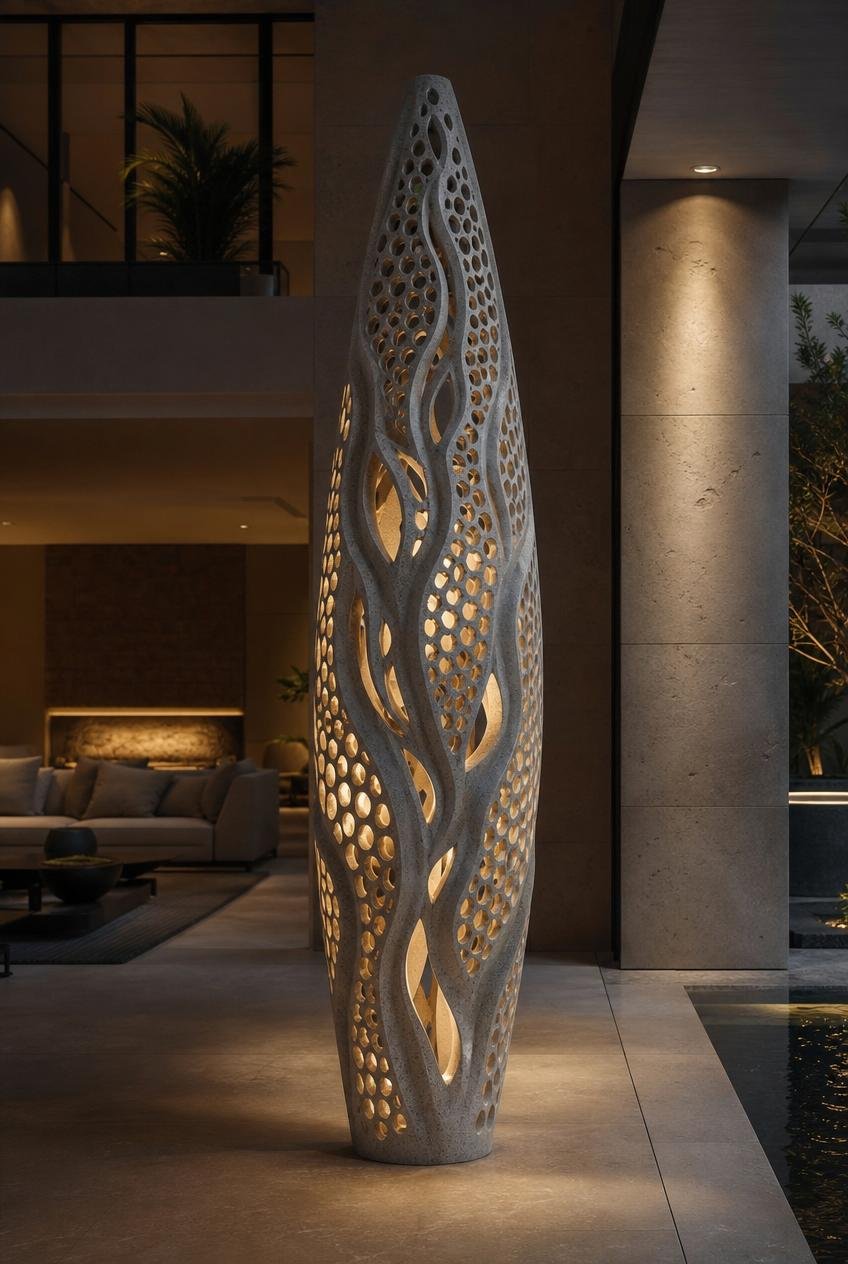 Large light sculpture in perforated stone