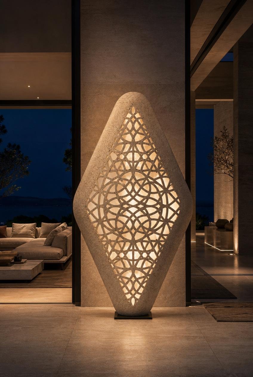 Large geomtric stone-carved sulptural lighting in marble
