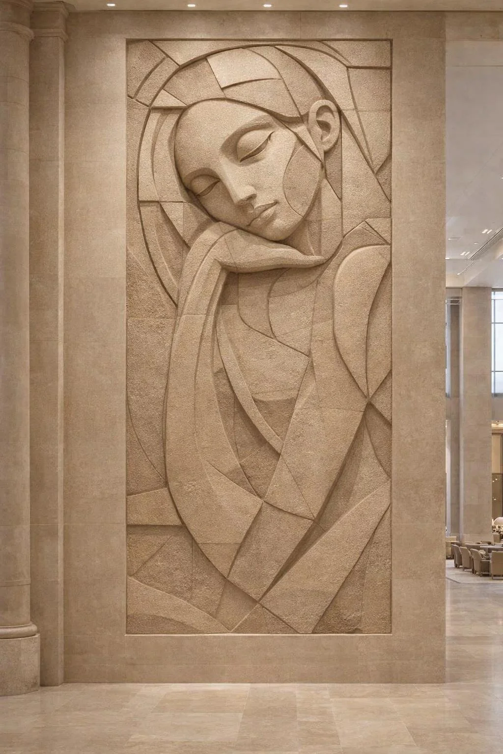 Monumental modern cubist abstract wall sculpture in Angkor Sandstone. Unique piece