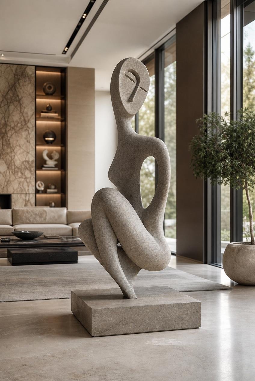 abstract grey stone human silhouette sculpture in luxury living room