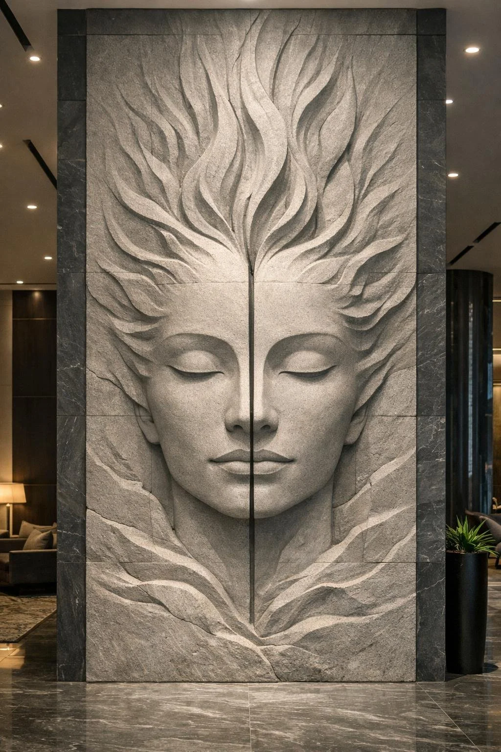 Custom monumental vertical wall sculpture, featuring a serene female face split in two, with flowing hair rising vertically in a strong contemporary composition. Carved in deep relief, this modern sculptural artwork is ideal for luxury lobbies.