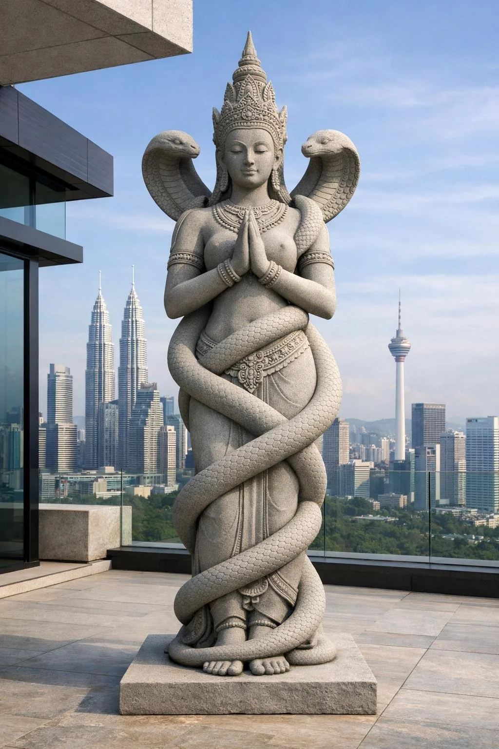 A  Large stone sculpture of a Hindu goddess with snake adornments, standing with clasped hands. The statue is set against a city skyline with tall buildings, including the Petronas Towers and Kuala Lumpur Tower. Solaro Art Collection.