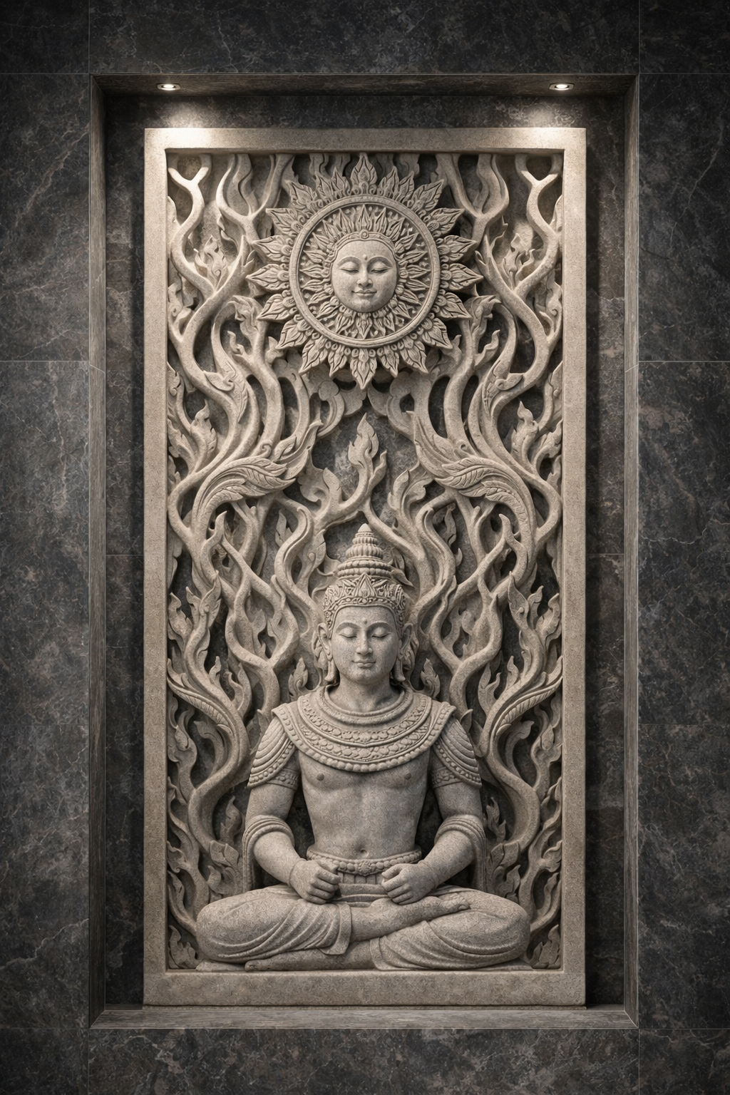 Vertical wall sculpture, inspired by Asian culture. Deep stone relief. Solaro Art Collection