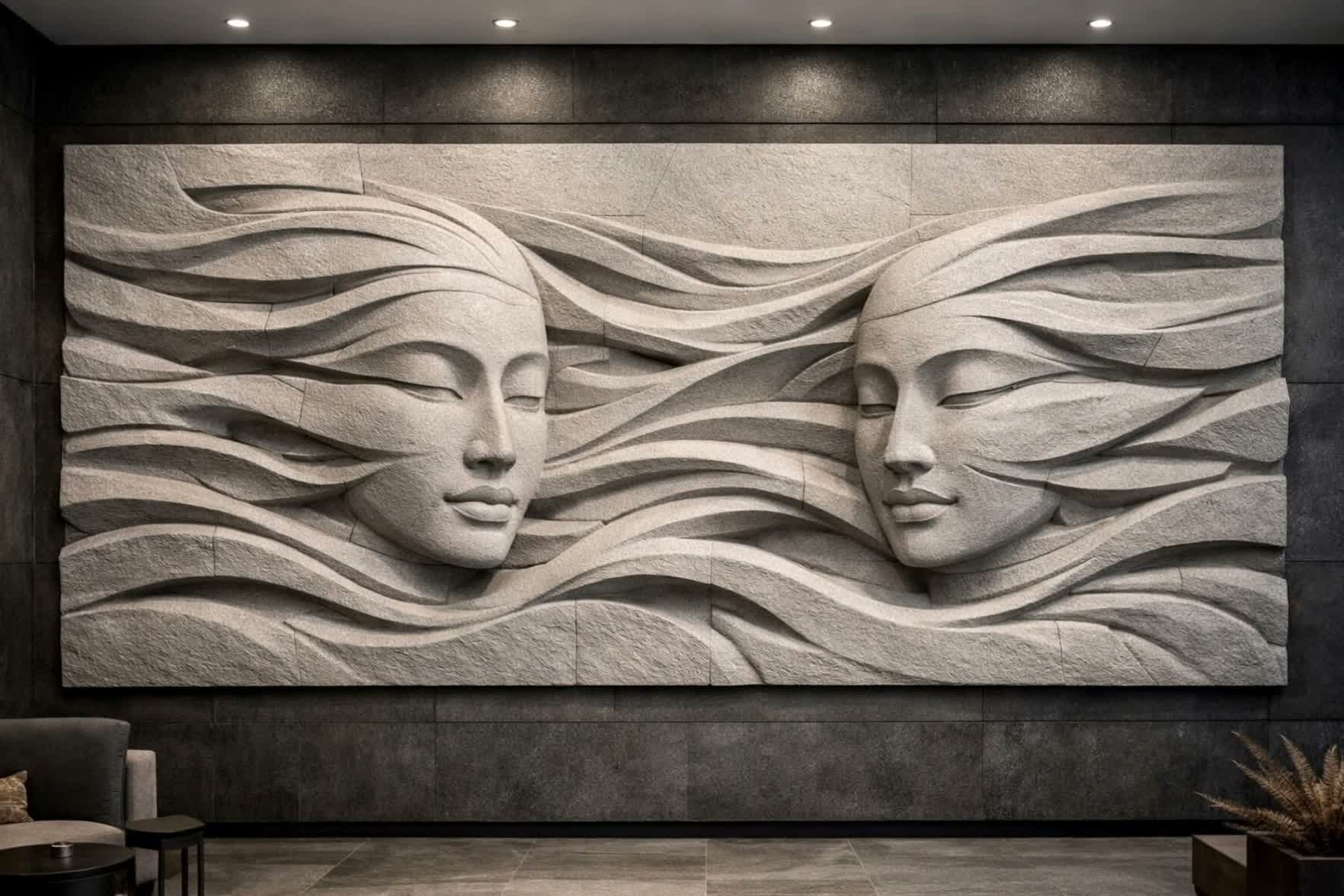 Modern large horizontal wall relief, two abstract female faces in sandstone. Exclusive Masterpiece. Solaro Art Collection