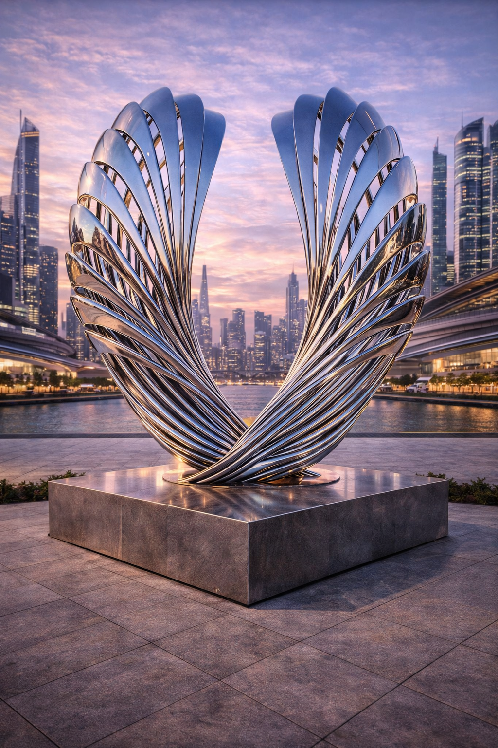Modern metallic sculpture that resembles an open shell or wings, set against a city skyline at sunset.