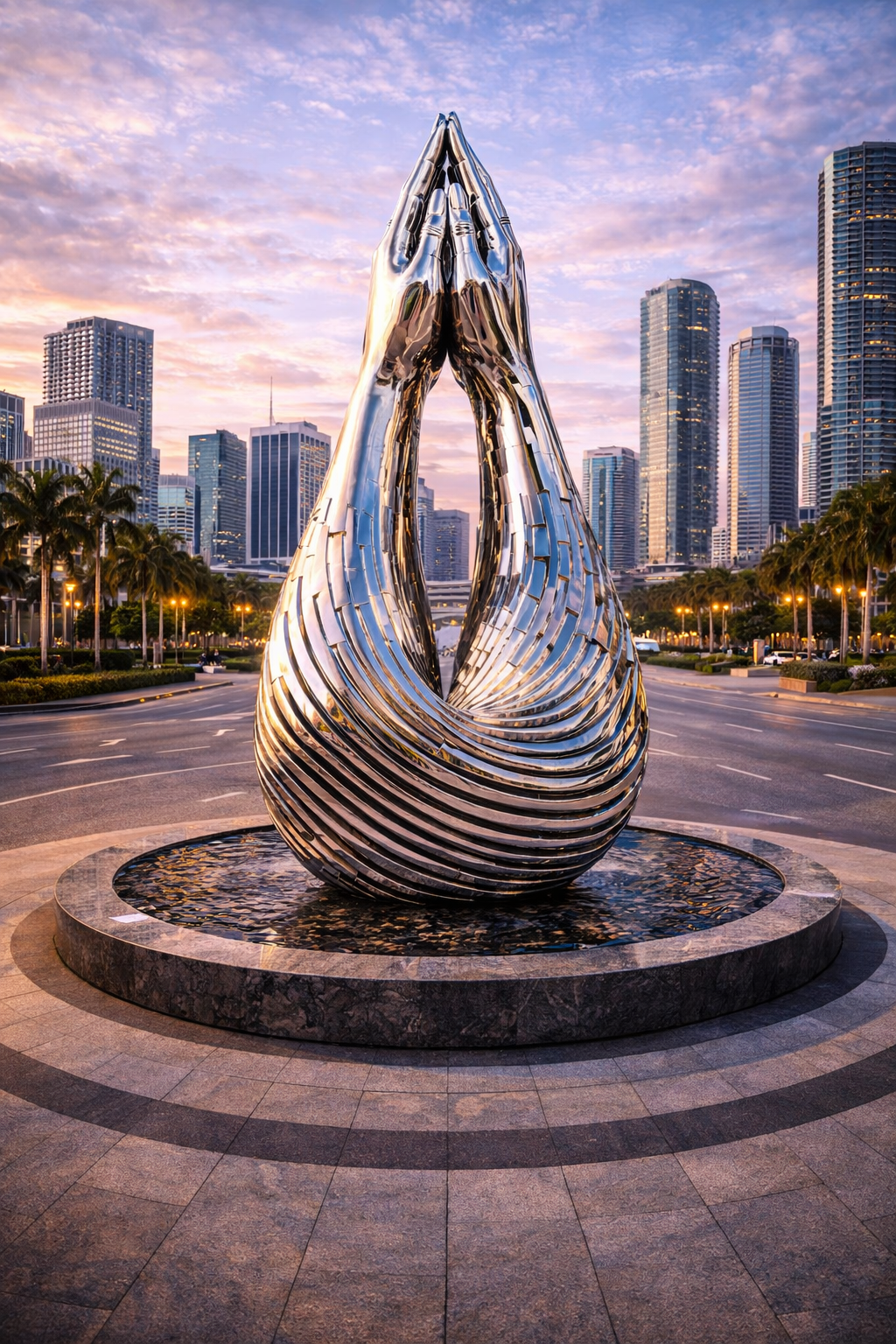 A modern, metallic sculpture of two hands pressed together, forming a prayer-like pose, situated on a circular base in an urban plaza with skyscrapers and palm trees in the background at sunset.