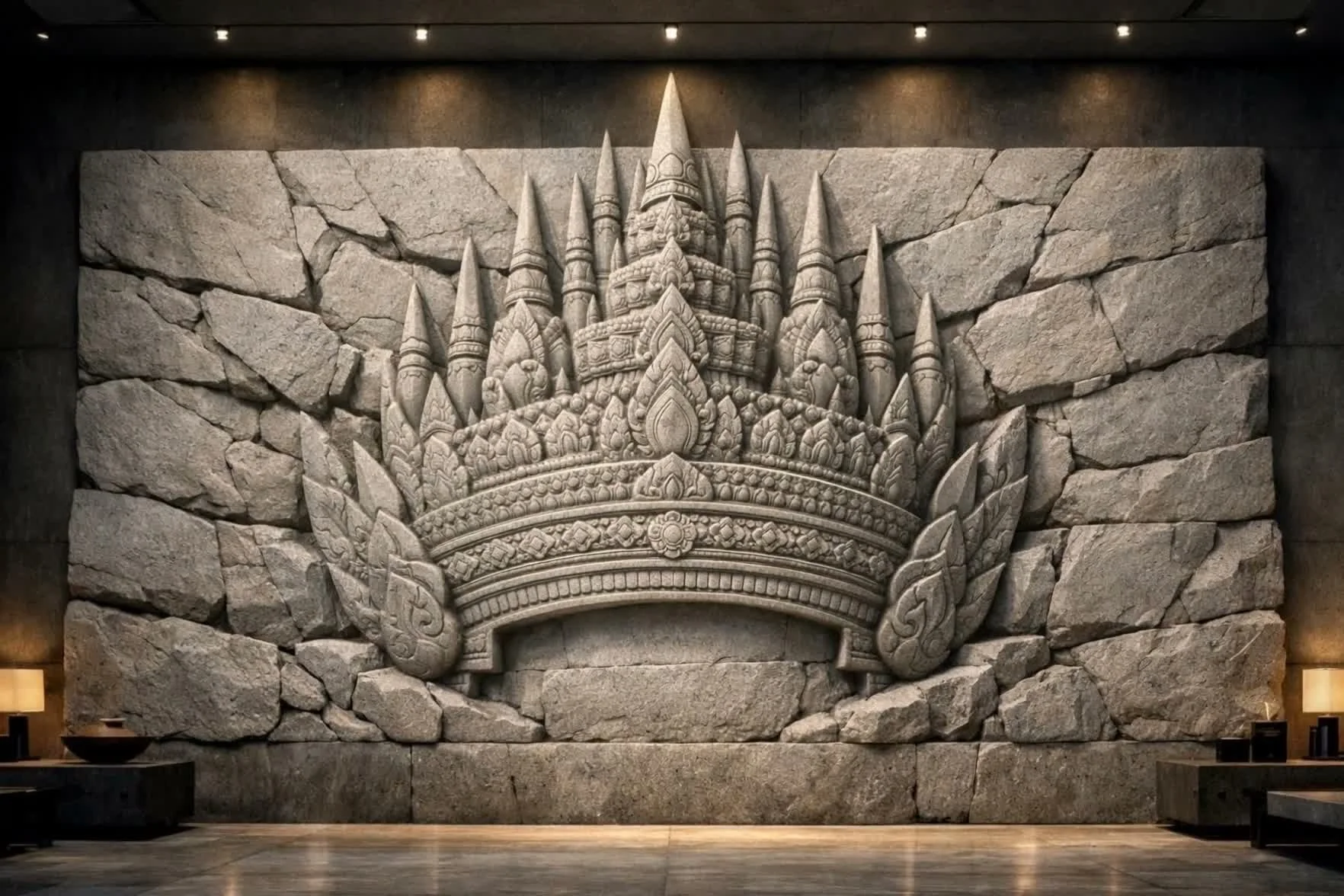 A large stone wall with a detailed carved crest or emblem in the center, illuminated by overhead lights, in a modern interior space.