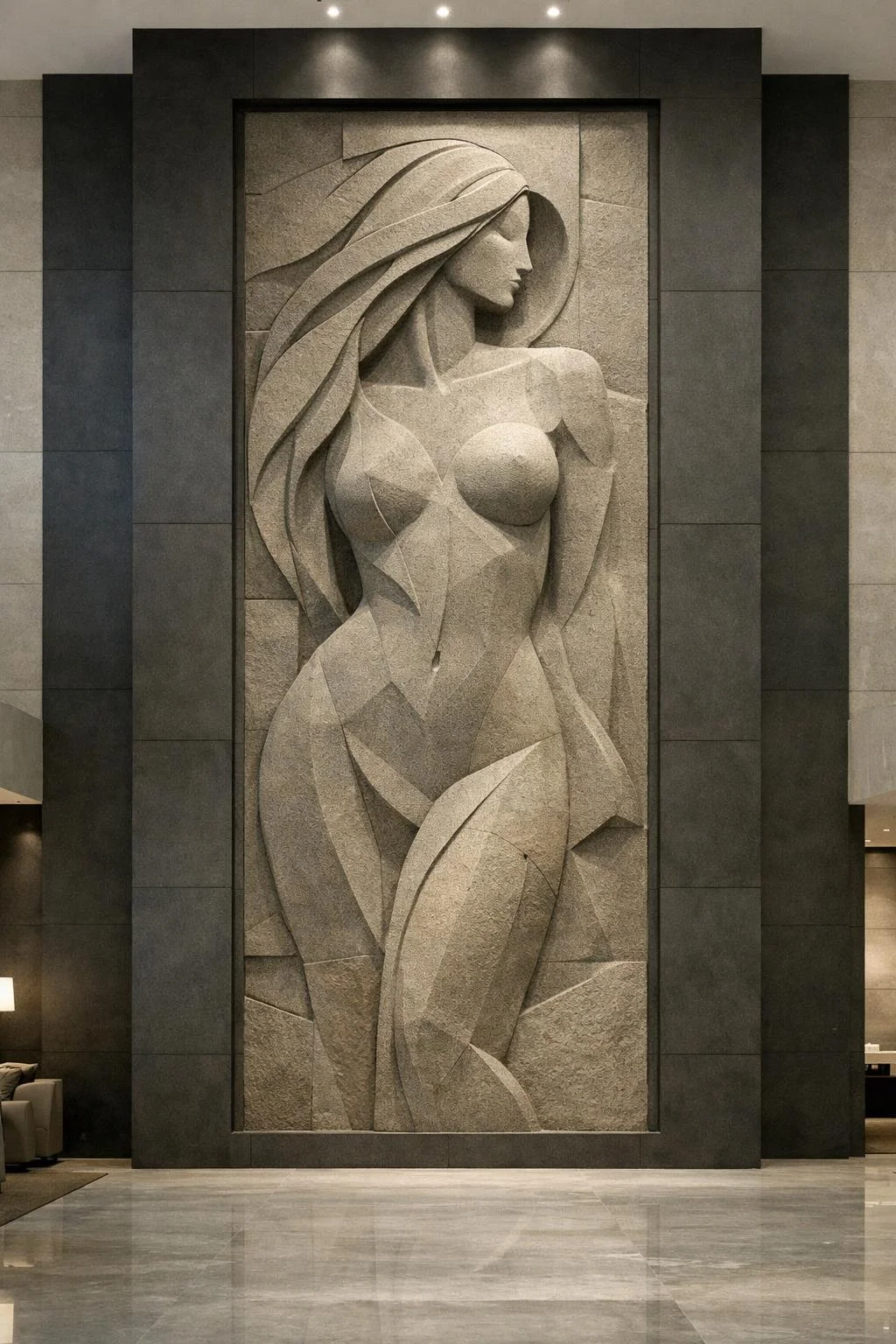 Abstract contemporary wall relief sculpture of a female silhouette. Solaro Art Collection