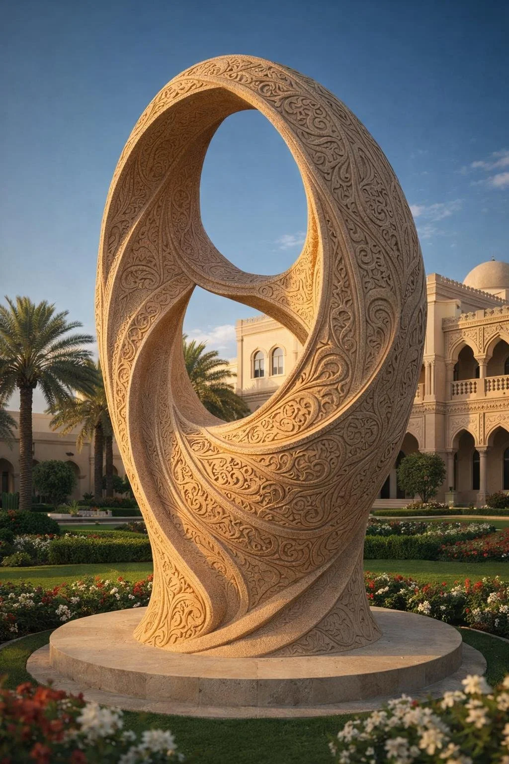 Large outdoor sandstone sculpture , contemporary islamic art design with arabesque patterns. Ideal for luxury gardens. Unique Masterpiece. Solaro Art Collection