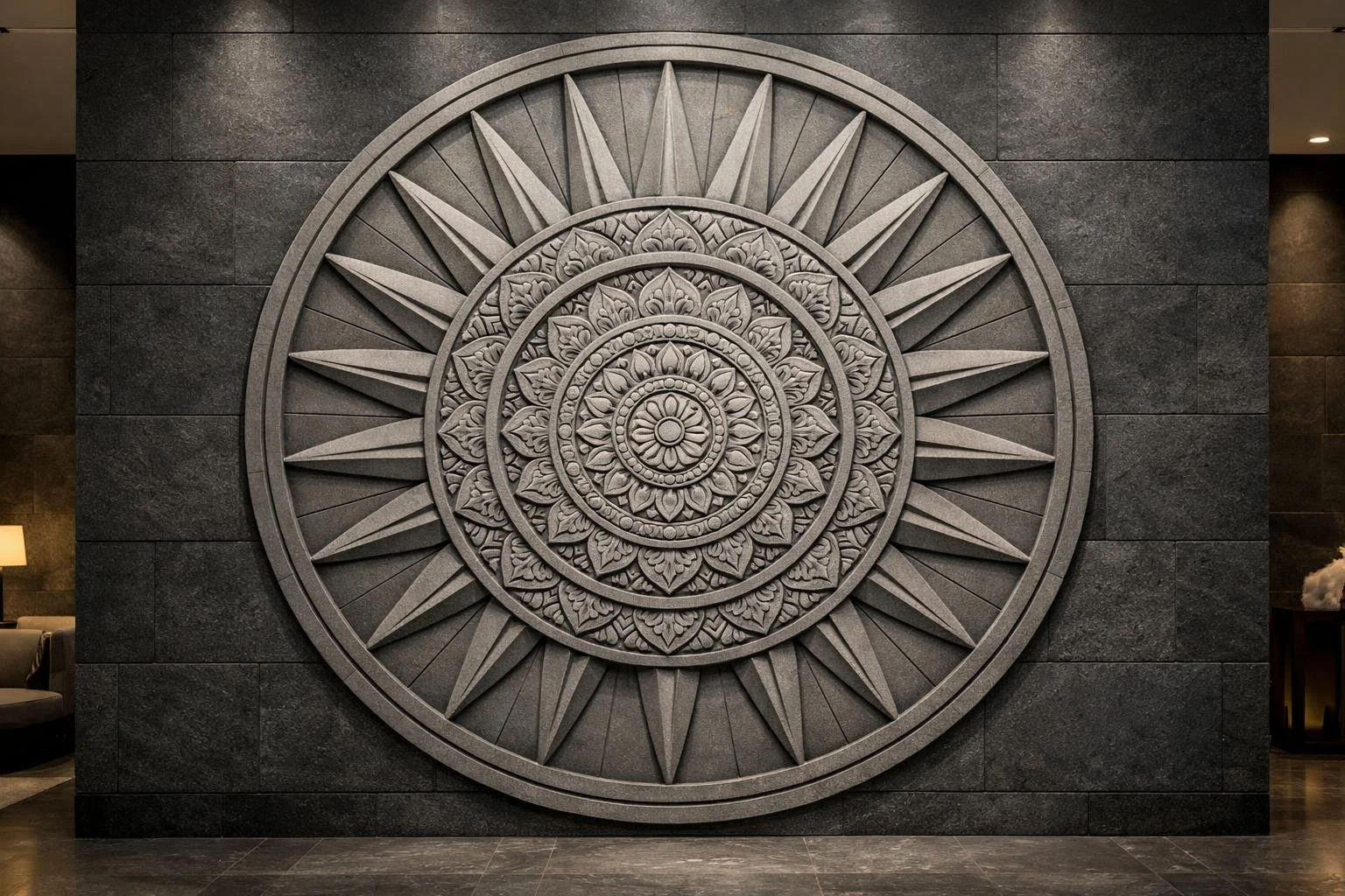 A large round decorative wall sculpture medallion with intricate floral and geometric patterns,mandala style, mounted on a dark tile wall.