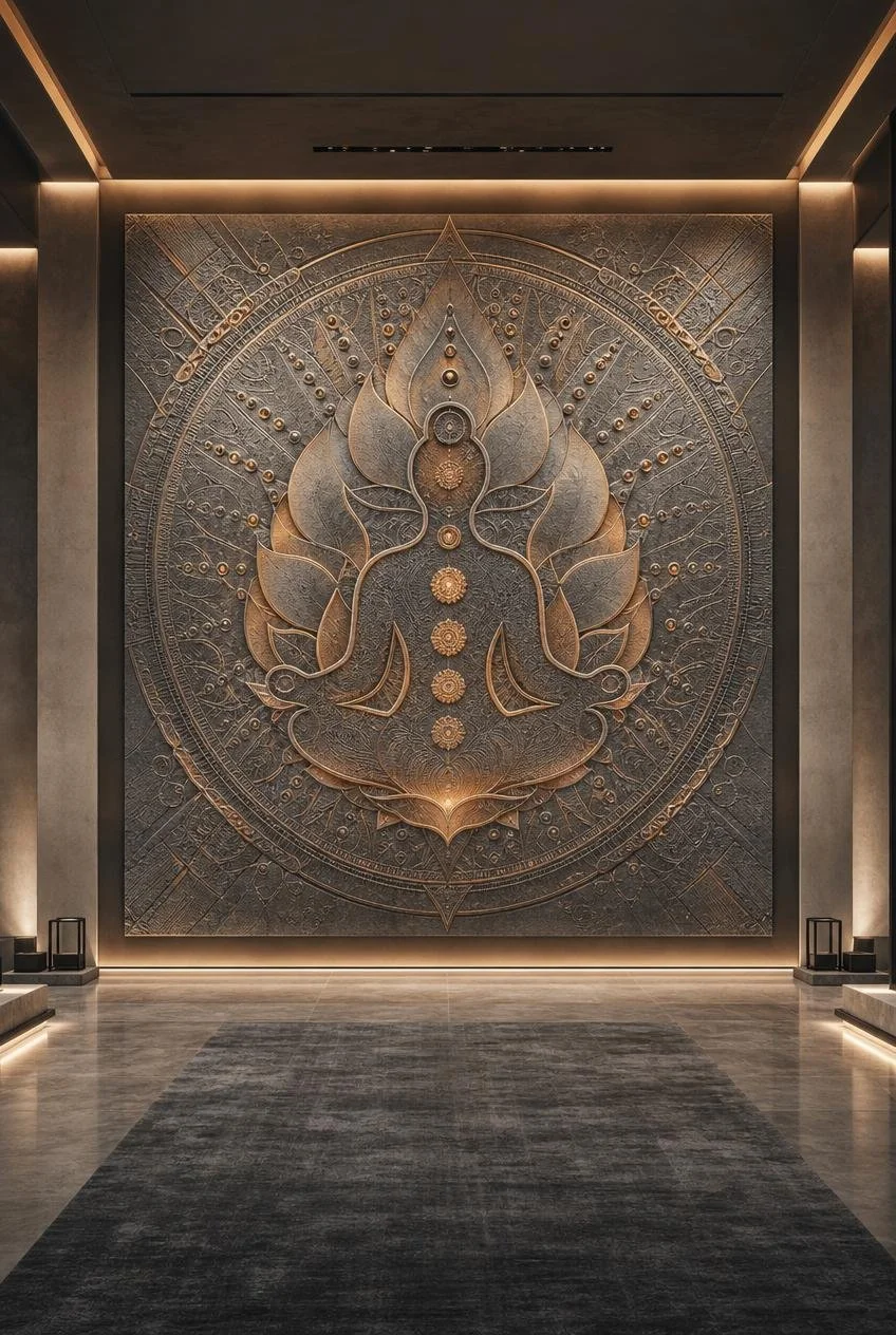 Large-Scale Meditation Zen Wall Art Sculpture inside a Spa Interior