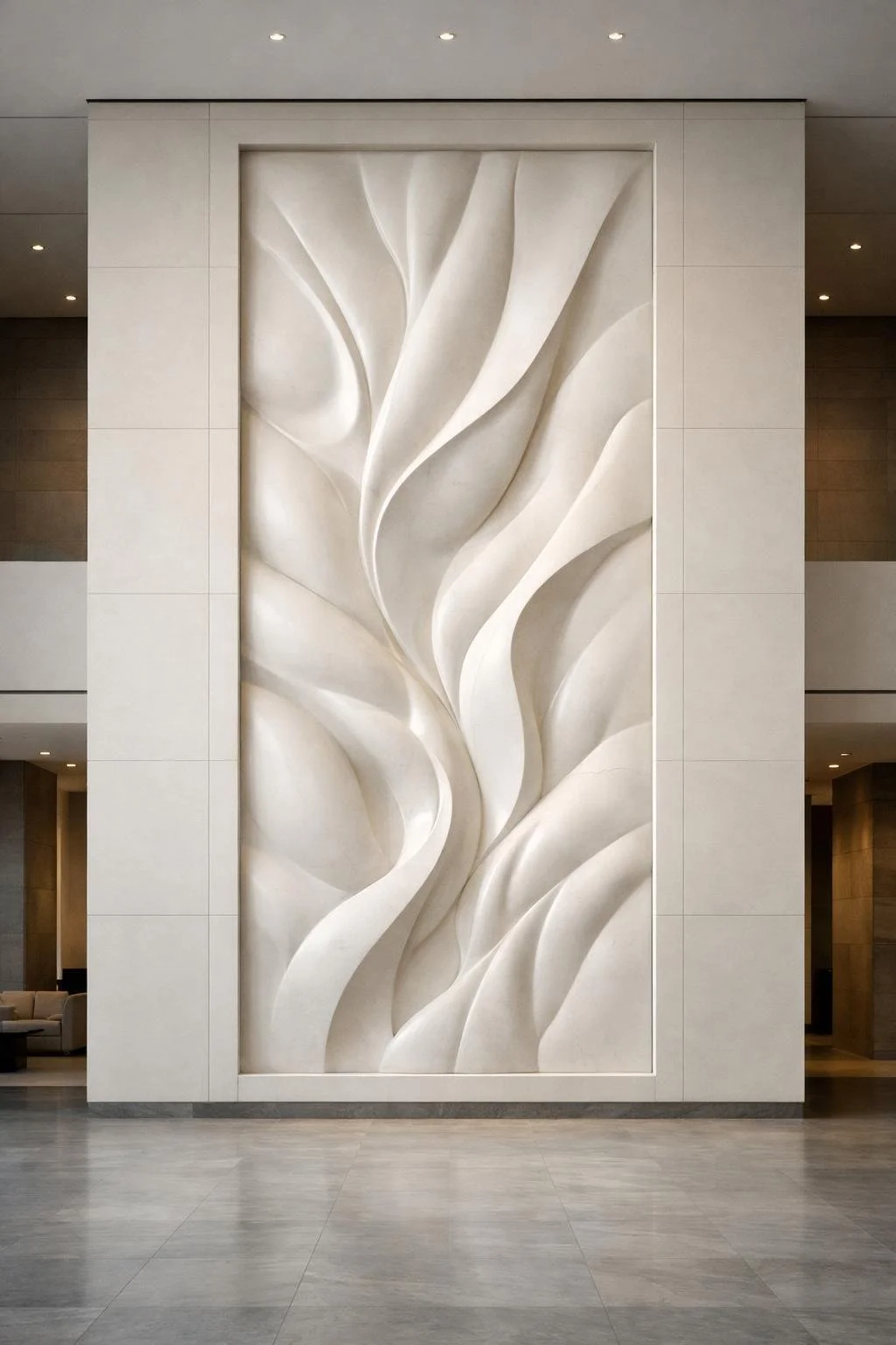 Large scale white marble wall relief with vertical energy flow. Solaro Art Collection
