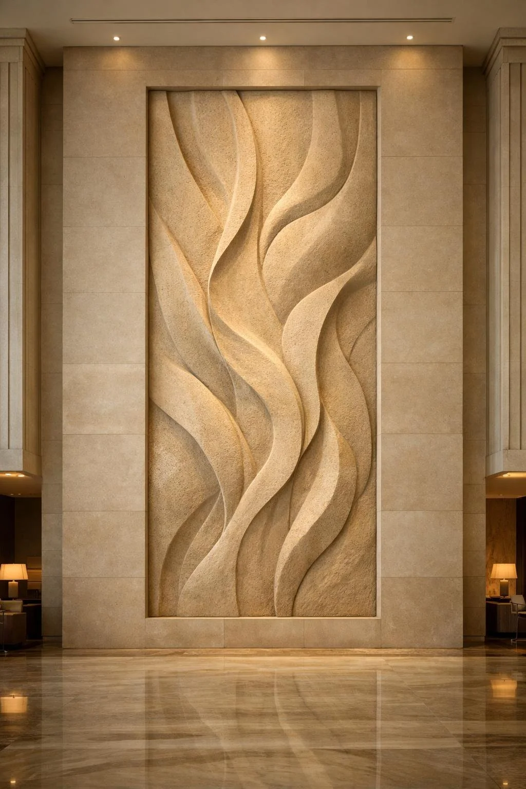 Bespoke monumental wall relief sculpture in yellow sandstone. Unique masterpiece. Solaro Art Collection