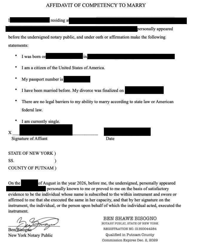 Affidavit of Competency to Marry  Image