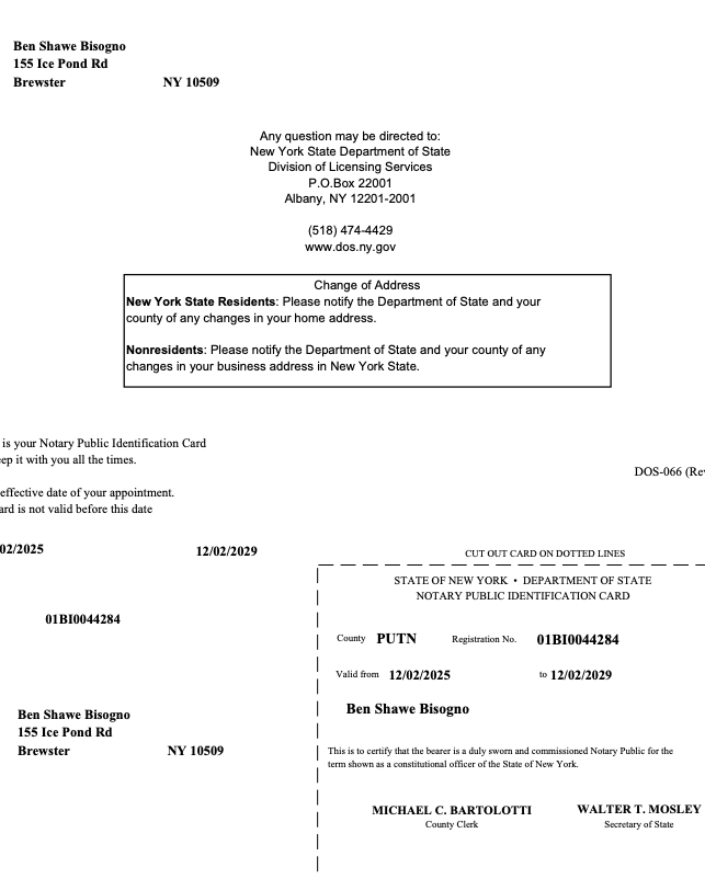 Notary Commission Information in support of the Affidavit of Competency to Marry application