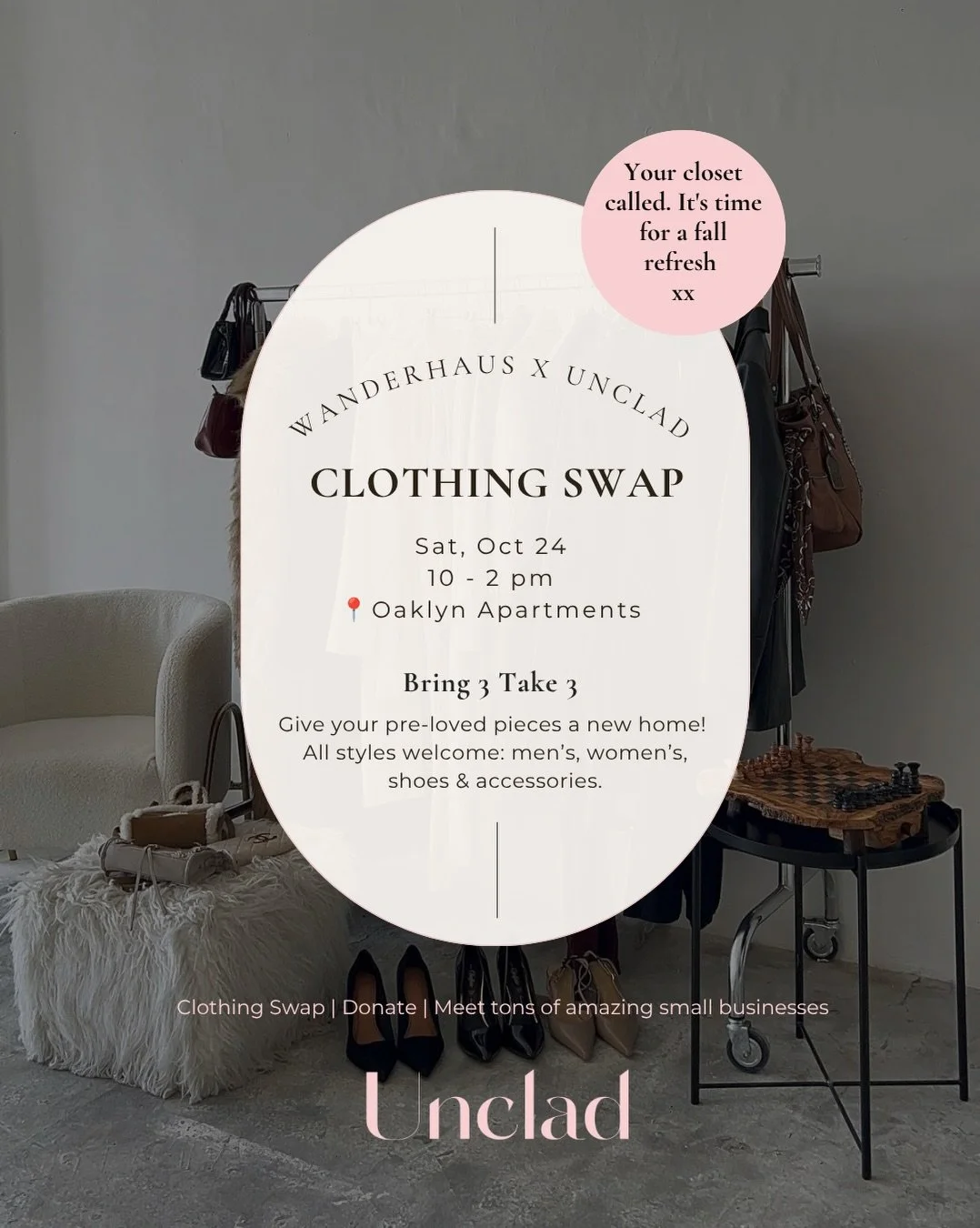 Your closet called&hellip; it&rsquo;s time for a fall refresh! 🍂🤍
We&rsquo;re back with another Wanderhaus x Unclad Clothing Swap!

Bring 3, take 3. Clothing, shoes, and accessories are all always welcome. 🫶🏽

We&rsquo;ll also continue donating p