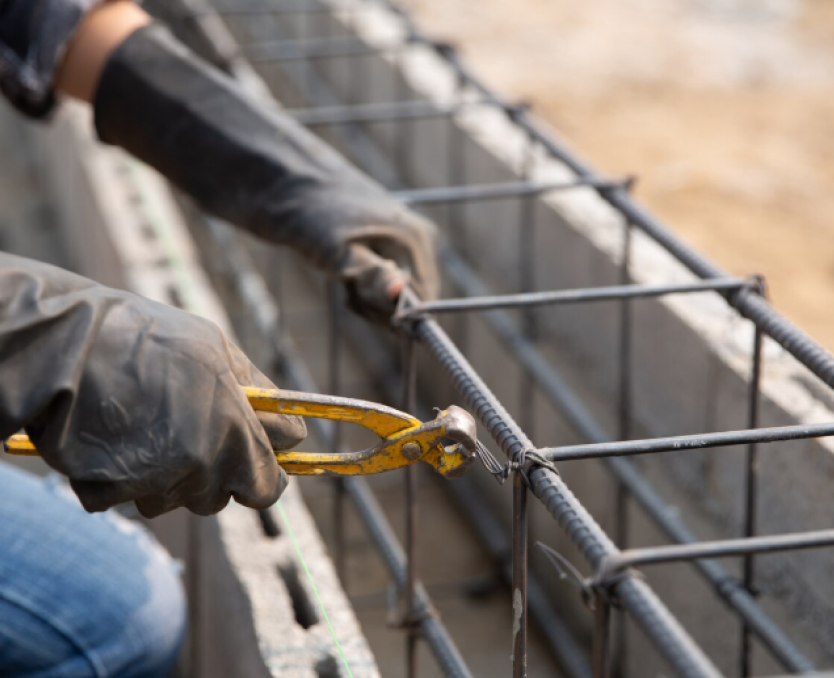 Trabajadores instalando varillas de refuerzo para concreto en obra, como parte de trabajos de mantenimiento preventivo y correctivo en estructuras de edificación.