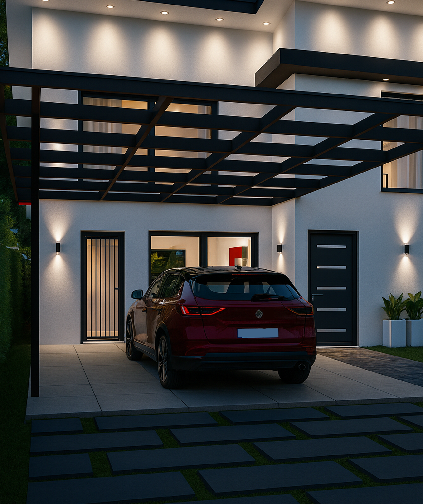 Render arquitectónico de vivienda moderna en horario nocturno, con iluminación exterior, cochera con pérgola y diseño contemporáneo para visualización de proyecto.