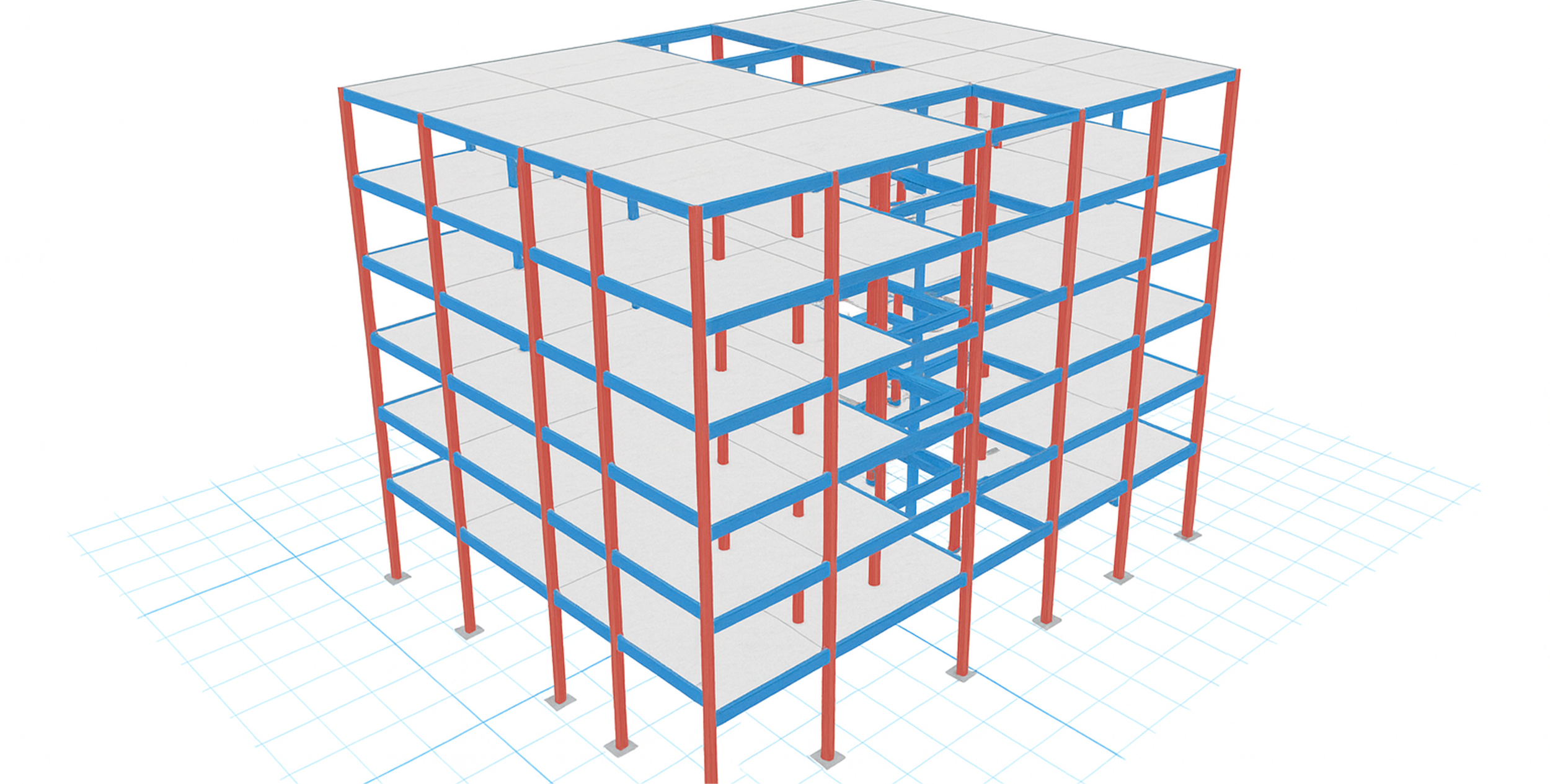 Modelo estructural en 3D de edificación multinivel, con soportes verticales y vigas horizontales, utilizado para planificación y análisis constructivo.