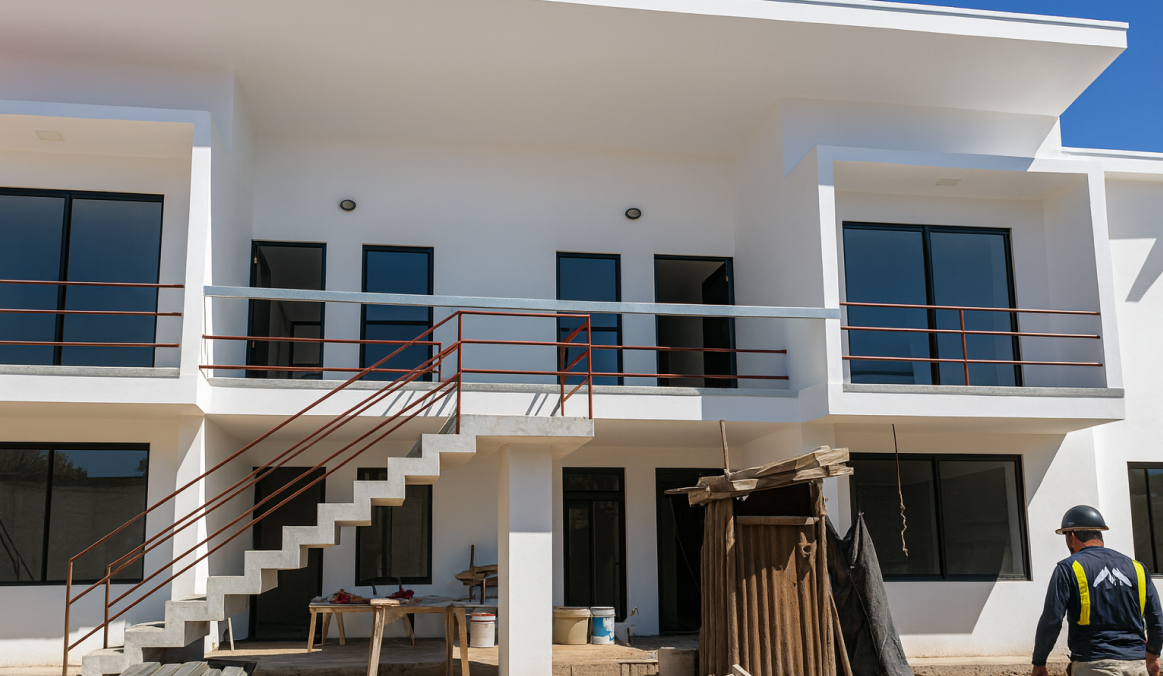 Edificio residencial moderno en proceso de construcción, con balcones y amplios ventanales, y personal técnico supervisando la obra en sitio.