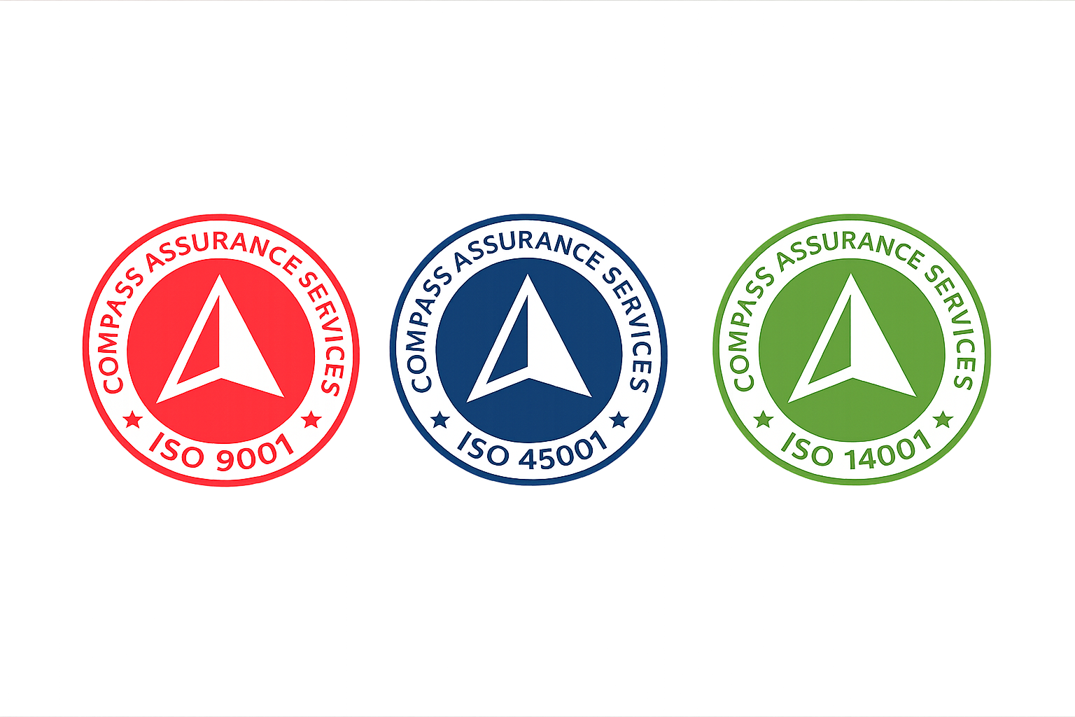Three circular certification badges from Compass Assurance Services, each with a white compass logo in the center. The badges are red for ISO 9001, blue for ISO 45001, and green for ISO 14001.