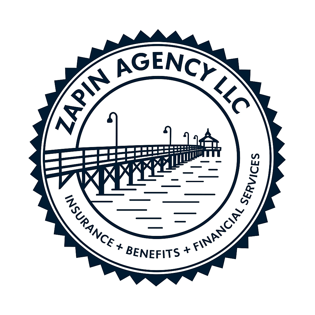 Seal with a pier extending into water and a gazebo at the end, surrounded by the text 'ZAPIN AGENCY LLC' and 'INSURANCE + BENEFITS + FINANCIAL SERVICES'.