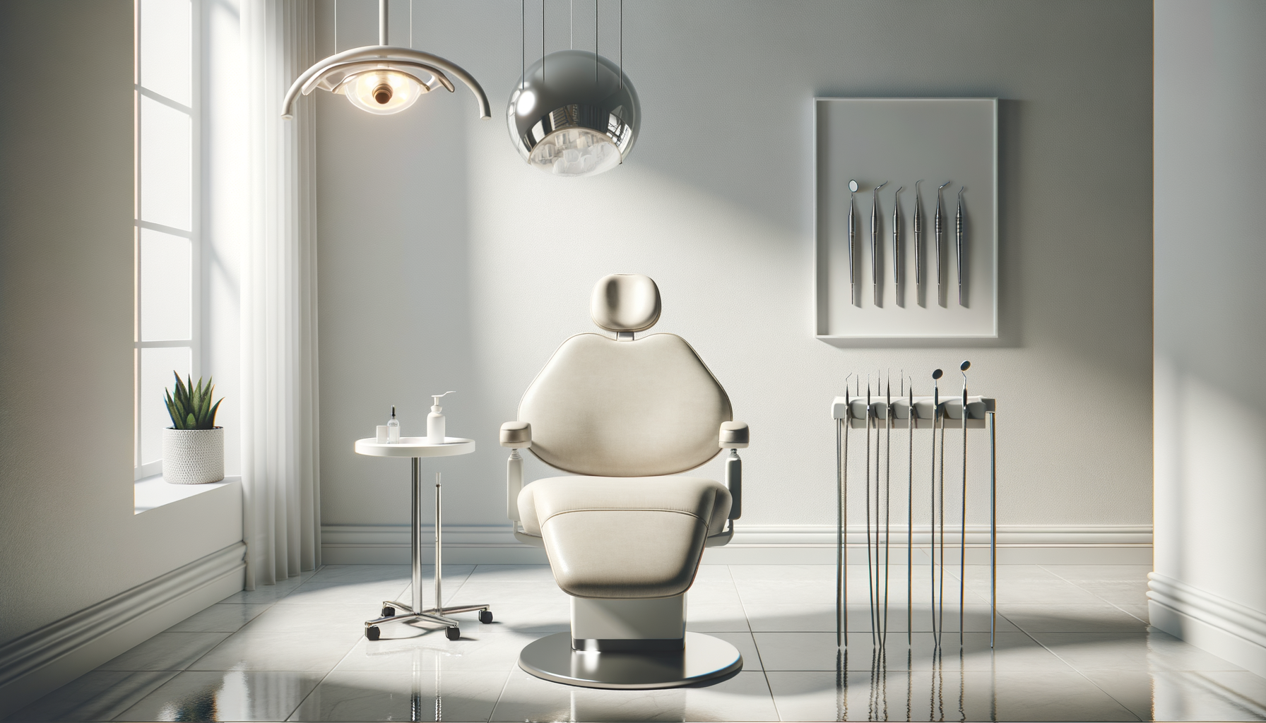 Dentist's examination room with dental chair, tools, and equipment.