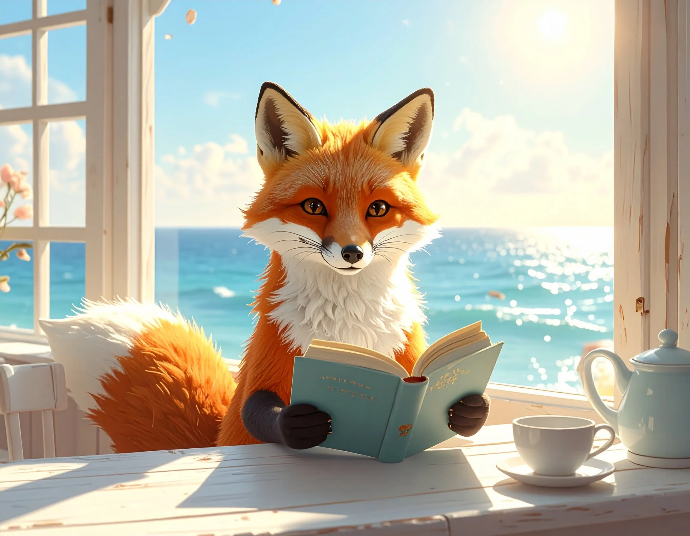 An animated fox with orange fur and white chest, sitting at a white wooden table by an open window overlooking the ocean, reading a blue book, with a teapot and teacup beside it, in a sunlit room.