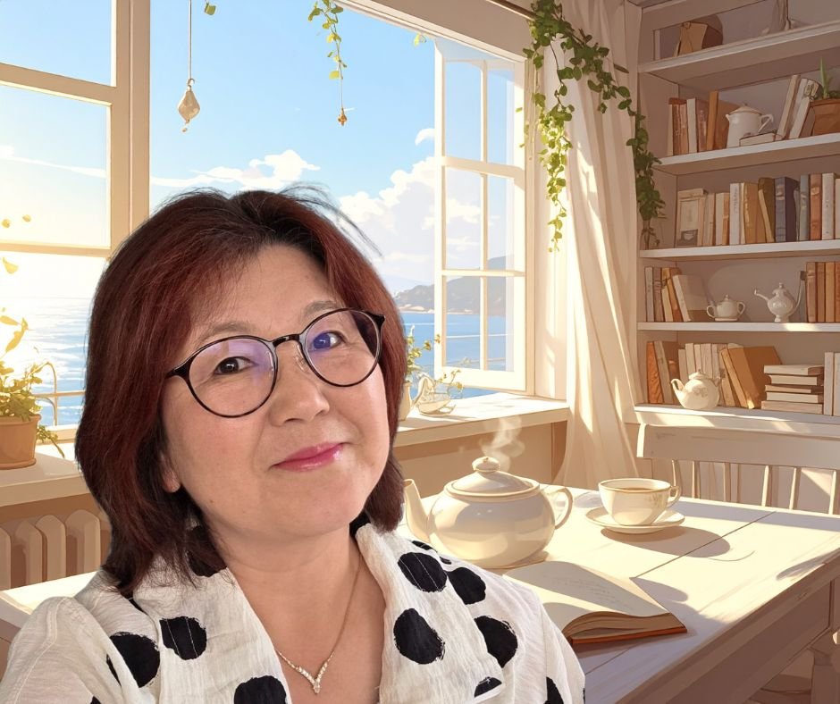 A woman with glasses and short hair smiling indoors near a window with a view of the ocean and a partly cloudy sky during sunset, with a steaming cup of tea or coffee on a saucer nearby.