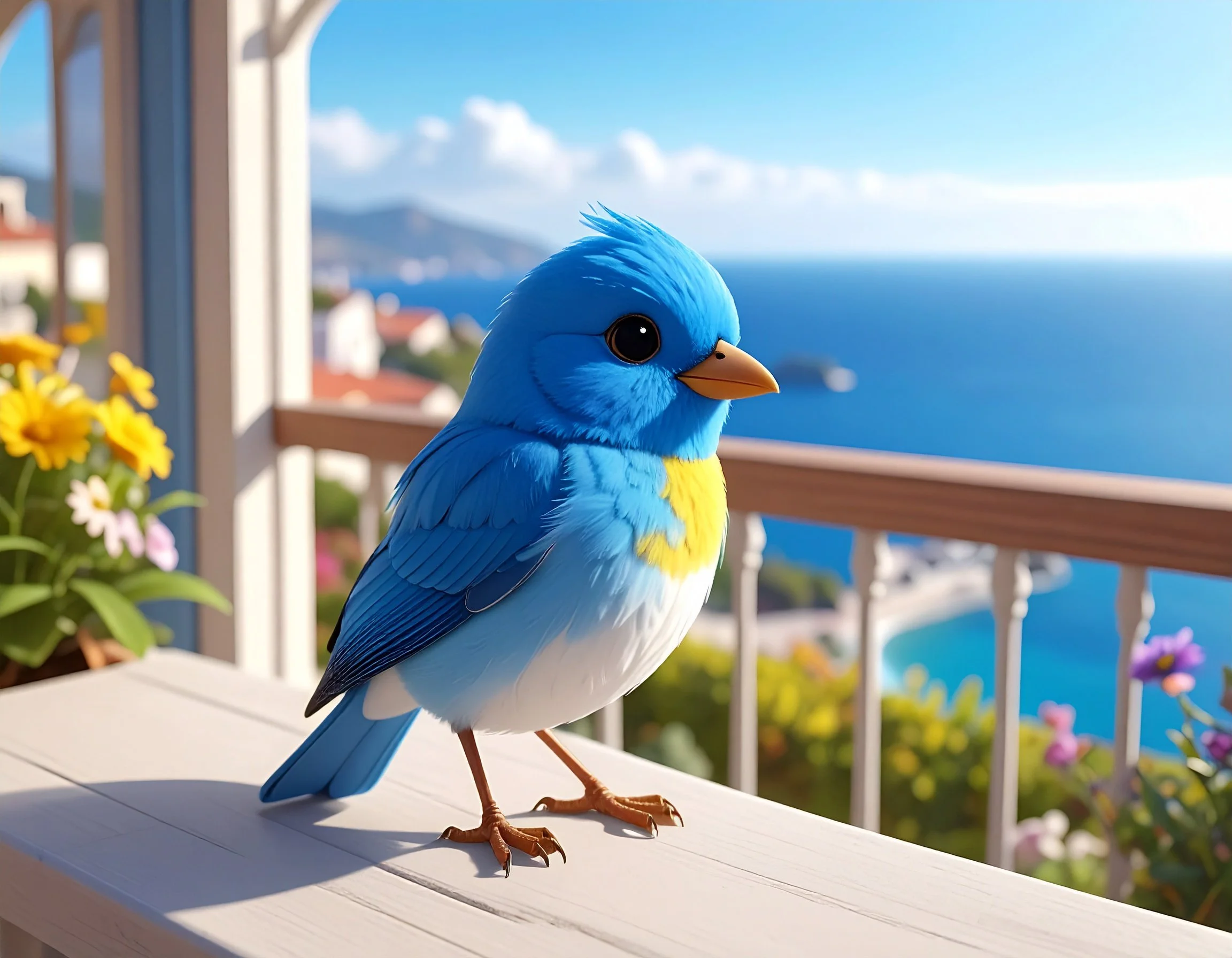A colorful bird with blue, yellow, white, and black feathers perched on a white railing on a balcony overlooking the ocean, with a scenic view of the coastline and hills in the background.