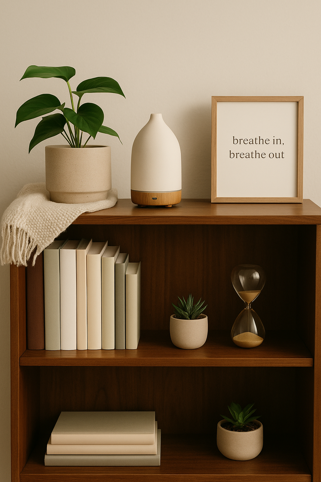 Minimalist wooden shelf with a potted plant, essential oil diffuser, framed "breathe in, breathe out" quote, books, hourglass, and small succulents.