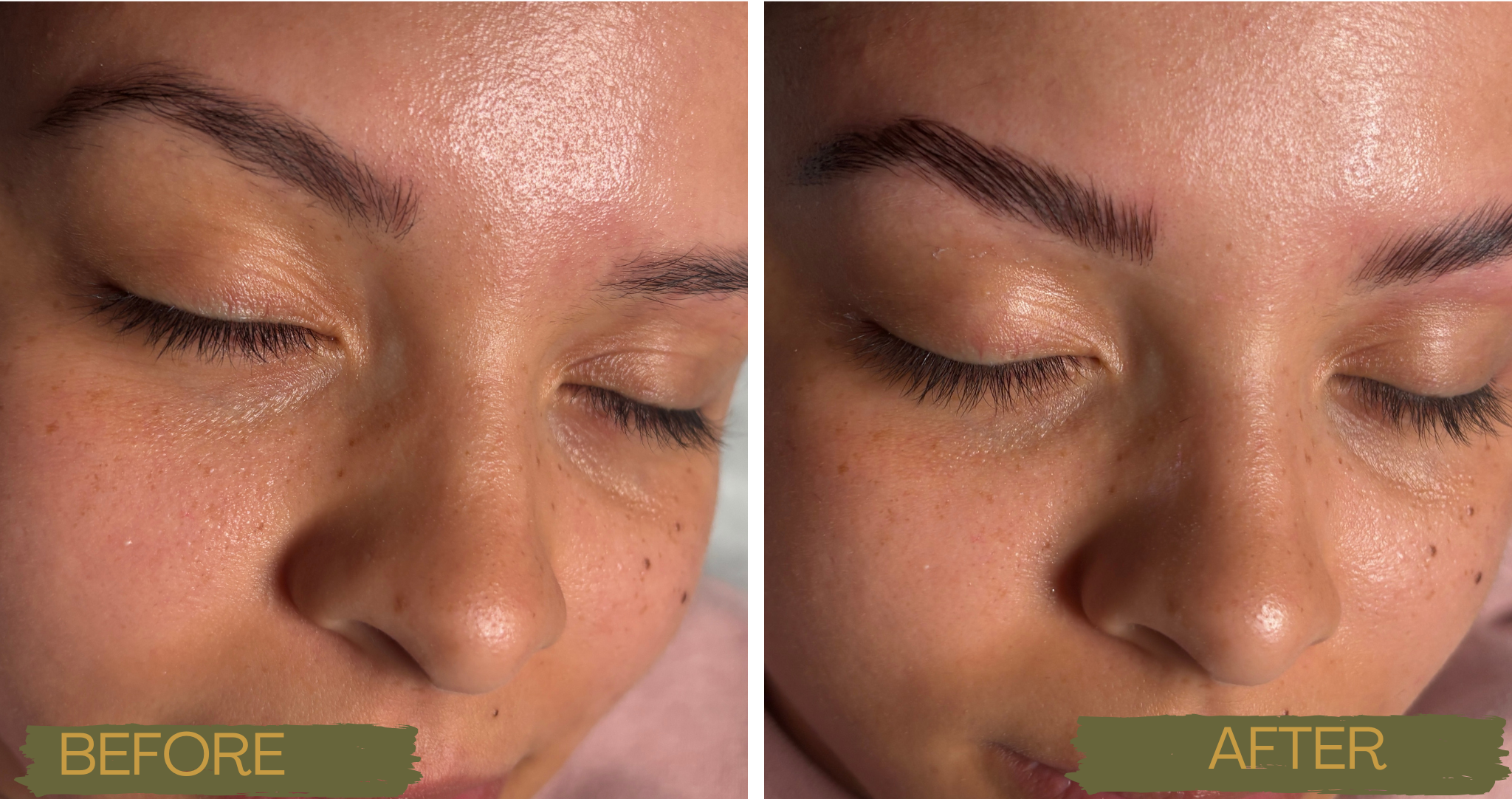 Close-up of a woman's face showing a comparison of her skin and eyebrow area before and after skincare or makeup application. The left side labeled 'BEFORE' shows a natural, unenhanced look, while the right side labeled 'AFTER' shows smoother skin and more defined eyebrows.