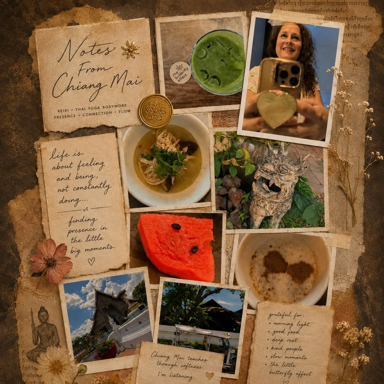 Notes from Chiang Mai 🇹🇭 🌺 🍜 

Somewhere between temple bells, slow mornings, bodywork, and cups of tea&hellip; I remembered that life is not a performance to perfect. 

It&rsquo;s a moment to feel. 
To soften. 
To notice. 

Chiang Mai has been t