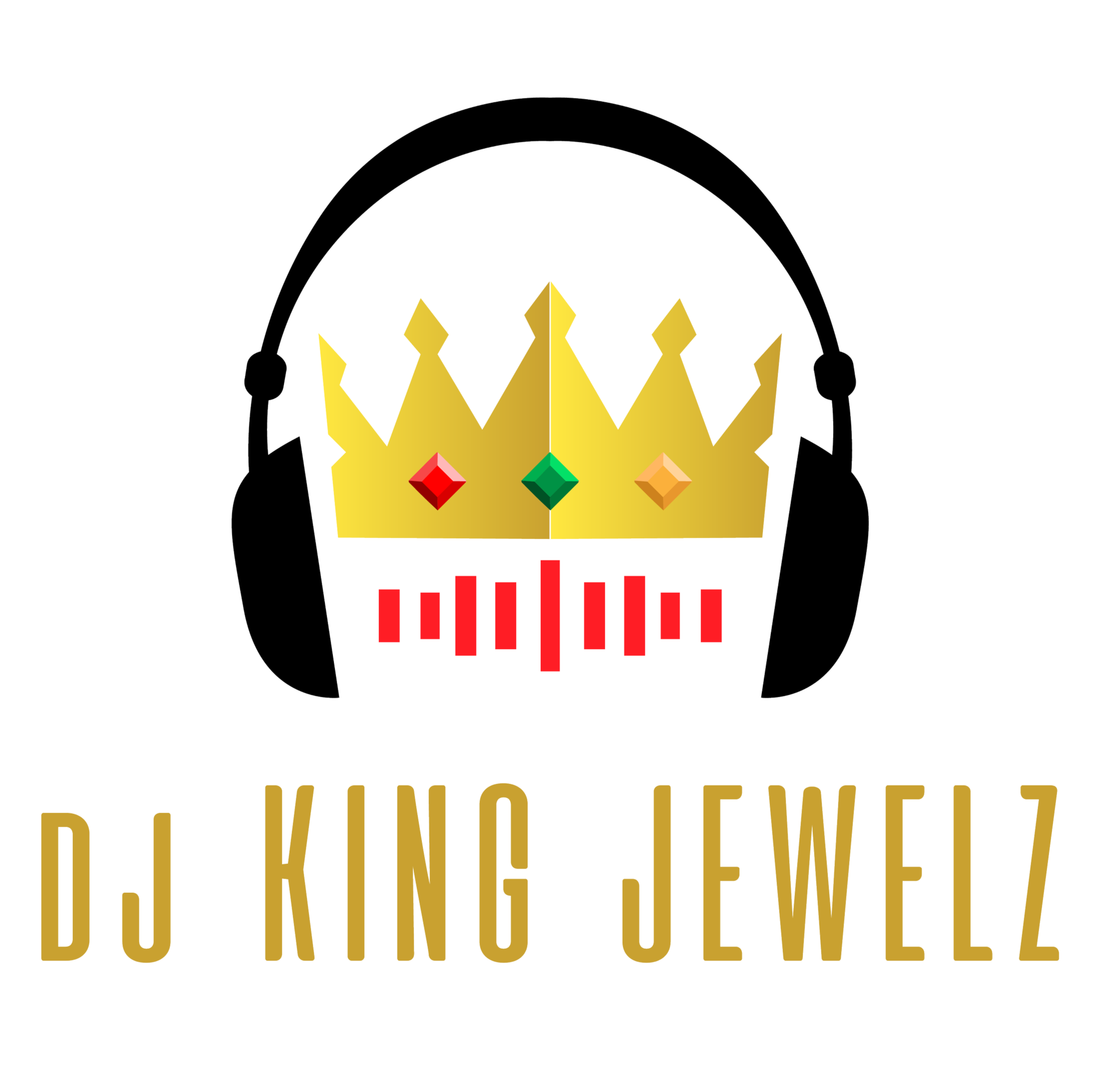 Logo featuring a black headphone with a gold crown, three gemstones, and a white equalizer graphic beneath, with text reading 'DJ KING JEWELZ' in gold letters.