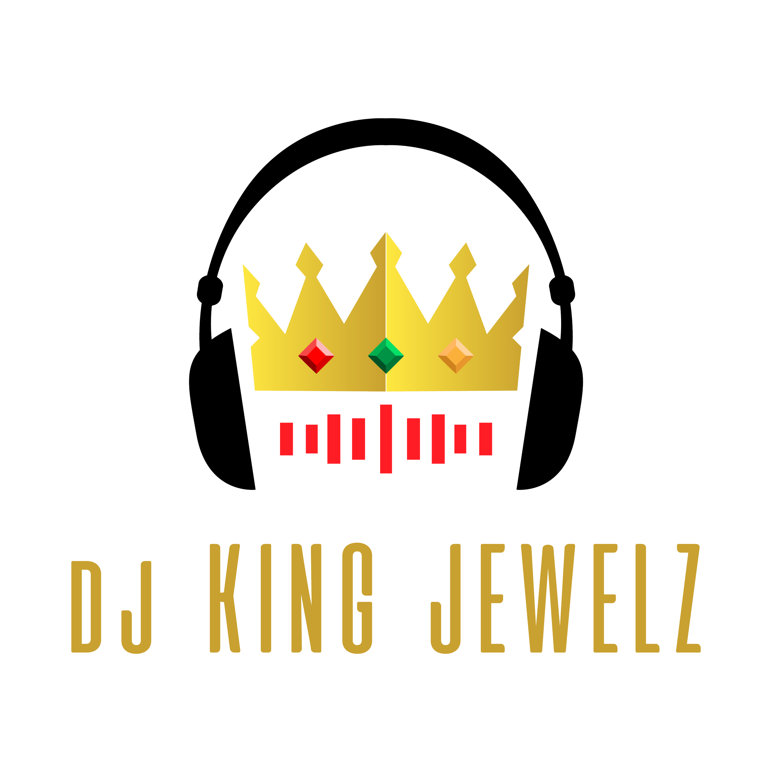 Logo featuring a gold crown with red, green, and orange gemstones, a pair of black headphones, and the text 'DJ KING JEWLZ' in gold letters