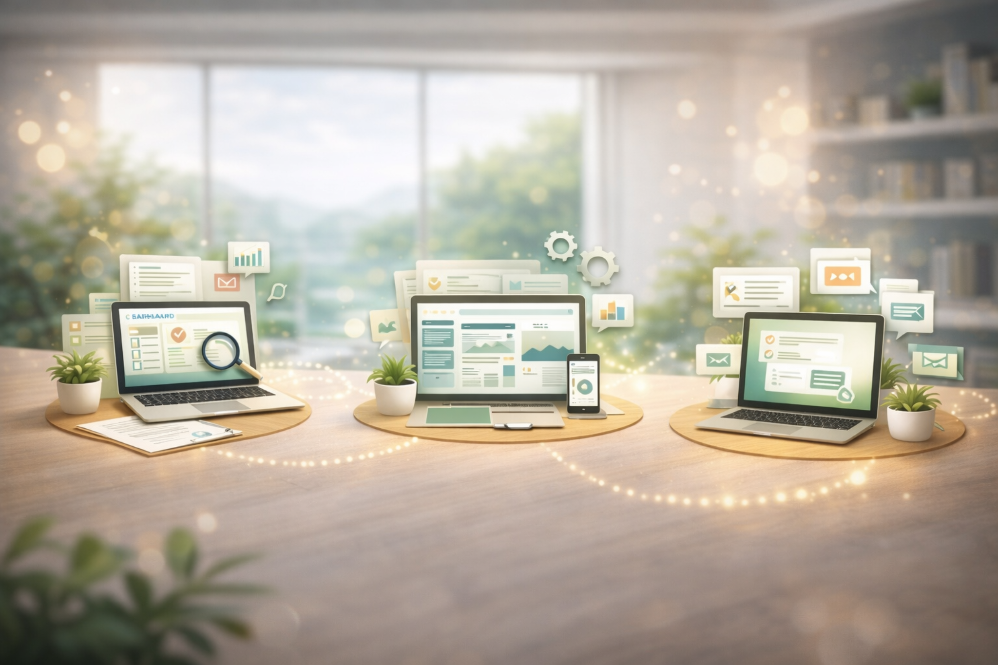 Connected business systems across laptop and mobile showing workflow automation and process integration for small business operations