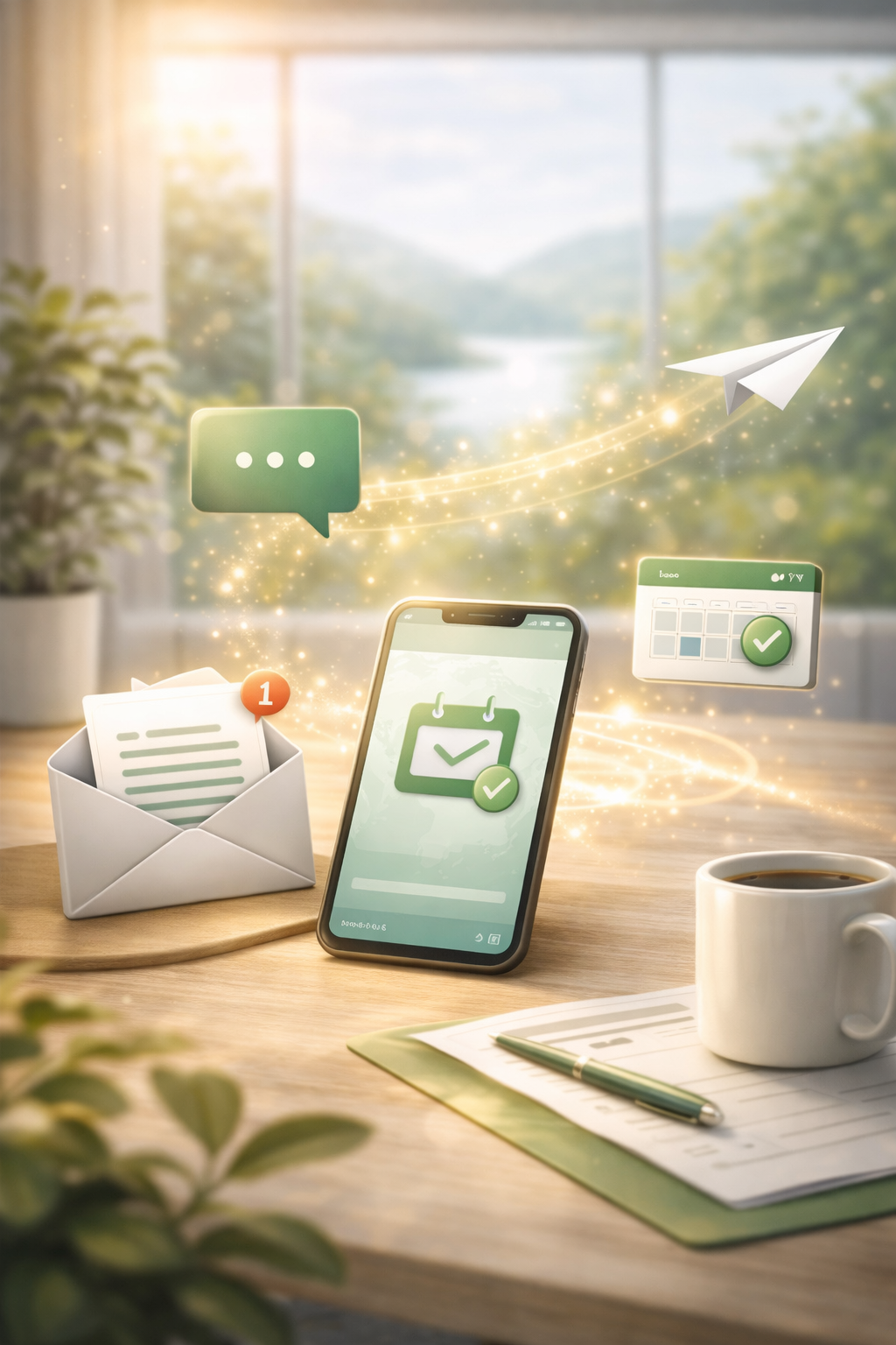 A desk with a smartphone displaying a checkmark, an inbox with a notification, a coffee cup, a pen, a clipboard, and digital icons representing messaging, emails, and appointments in a bright room with a window showing a scenic landscape.