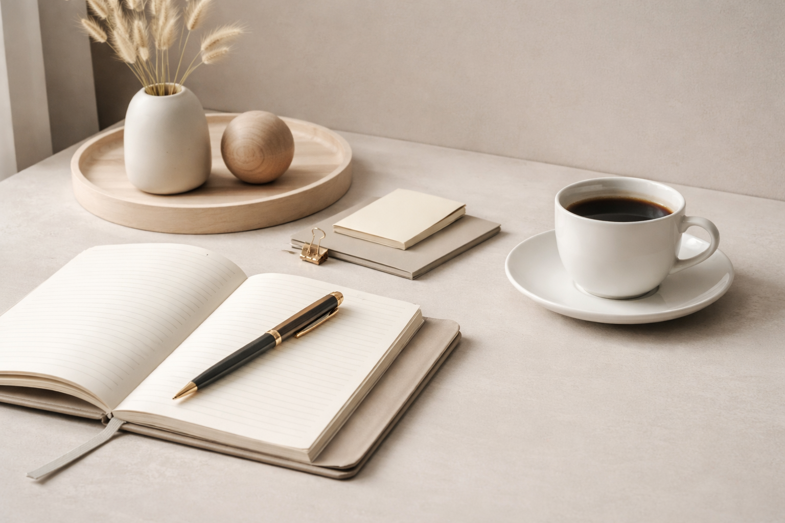 Minimal professional workspace with notebook, pen, and desk accessories in neutral tones.
