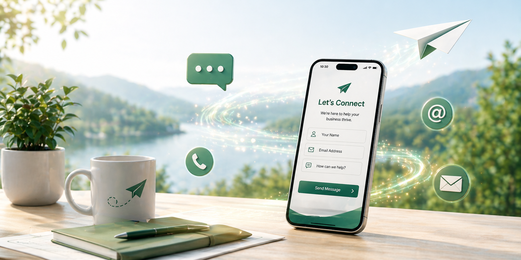 A smartphone displaying a business connection app with fields for name, email, and message. The scene is outdoors with a table, a potted plant, a coffee mug with a paper airplane logo, notebooks, and holographic icons of communication tools floating around, set against a scenic blurred nature background.