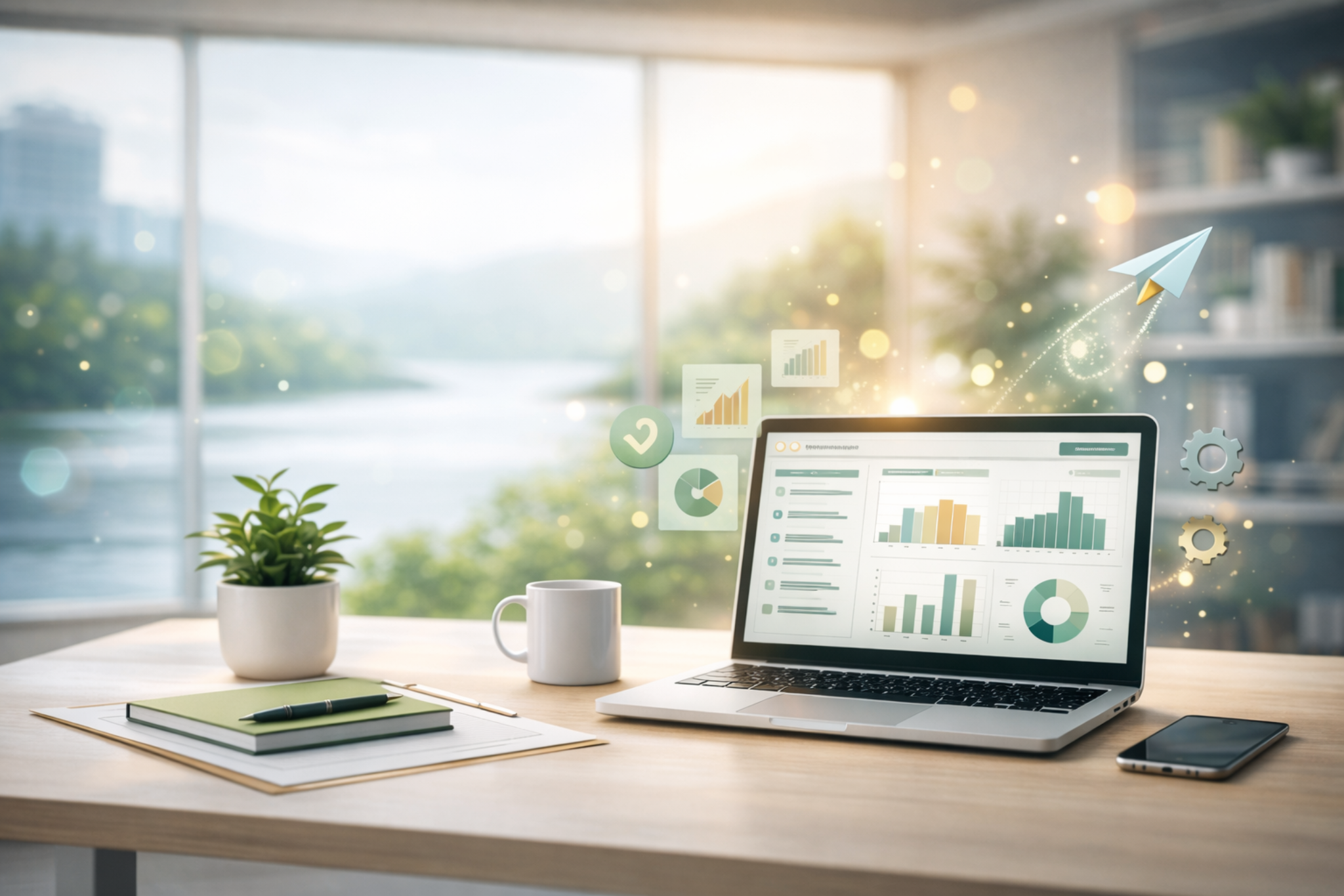 Business process review workspace with documents and clipboard showing structured workflow analysis and operational planning