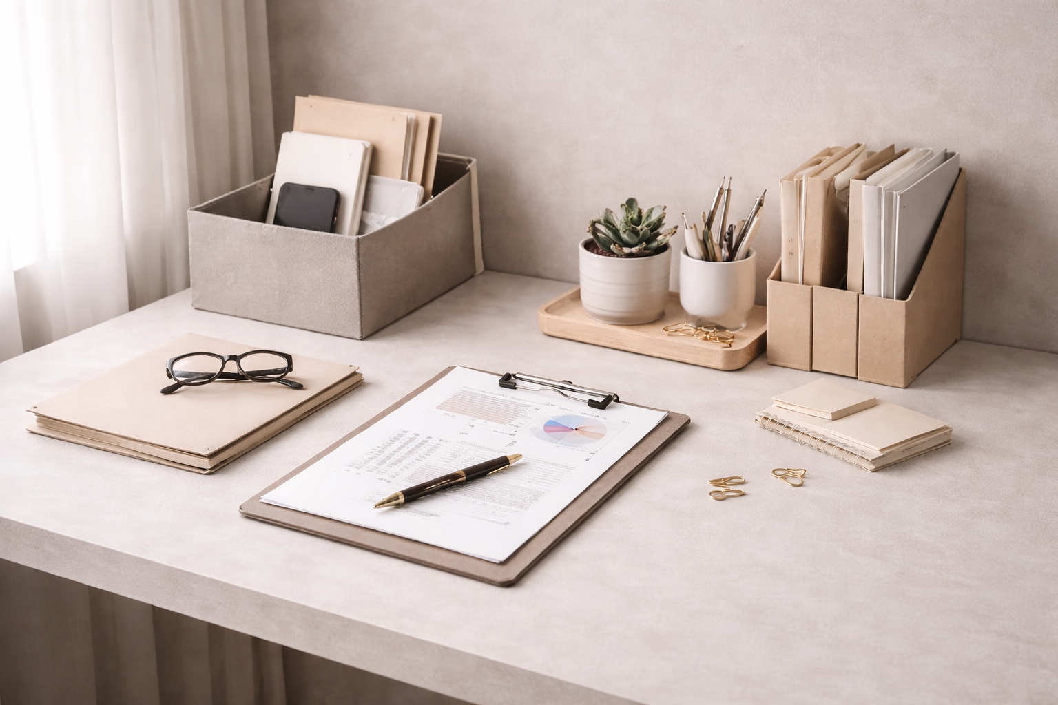 Organized office desk with documents, notebook, and workspace tools in a calm, neutral setting.