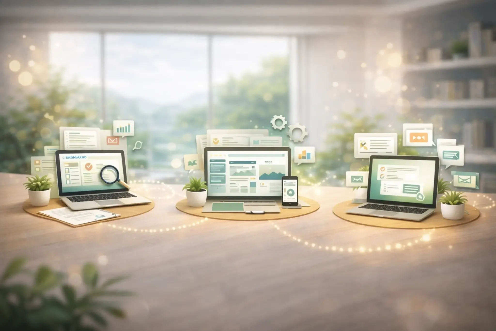 Connected business systems across laptop and mobile showing workflow automation and process integration for small business operations