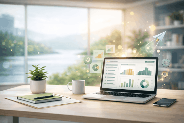 Business process review workspace with documents and clipboard showing structured workflow analysis and operational planning