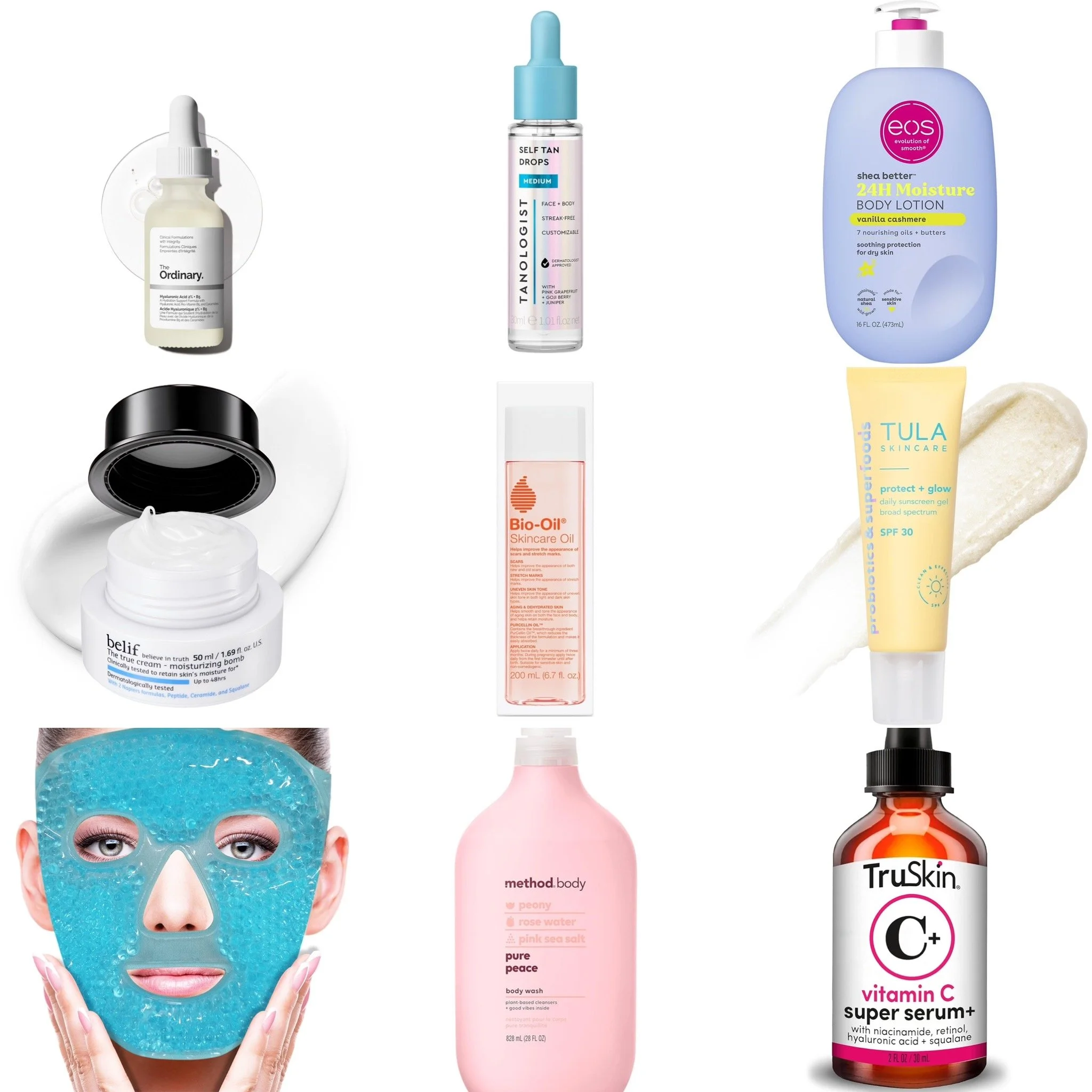 A collection of skincare and beauty products including serums, body lotion, body wash, and a facial mask, arranged on a white background.