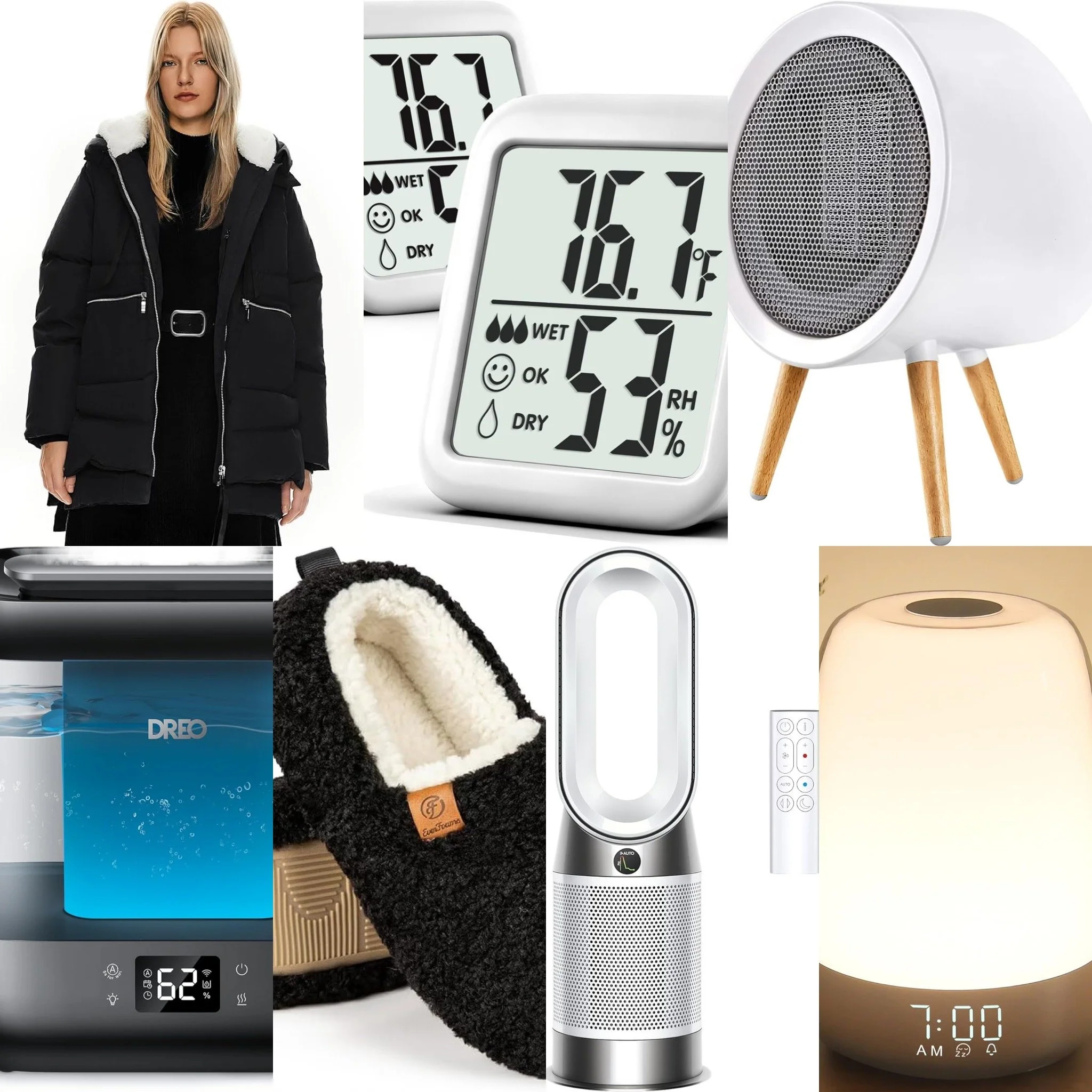 A woman wearing a black winter coat with a white fur-lined hood, digital weather station displays 62% humidity, a white humidifier, a black and white plush sock, a white smart speaker, and a beige smart home device.