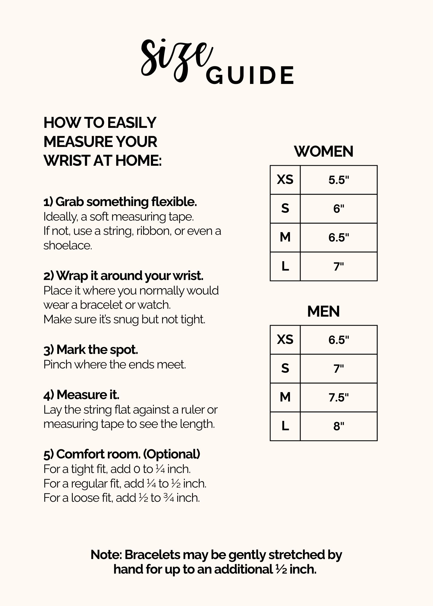 Guide on how to measure wrist size at home for women and men, including steps to grab something flexible, wrap it around the wrist, mark the spot, and measure it with a ruler or tape, with size charts for women and men.